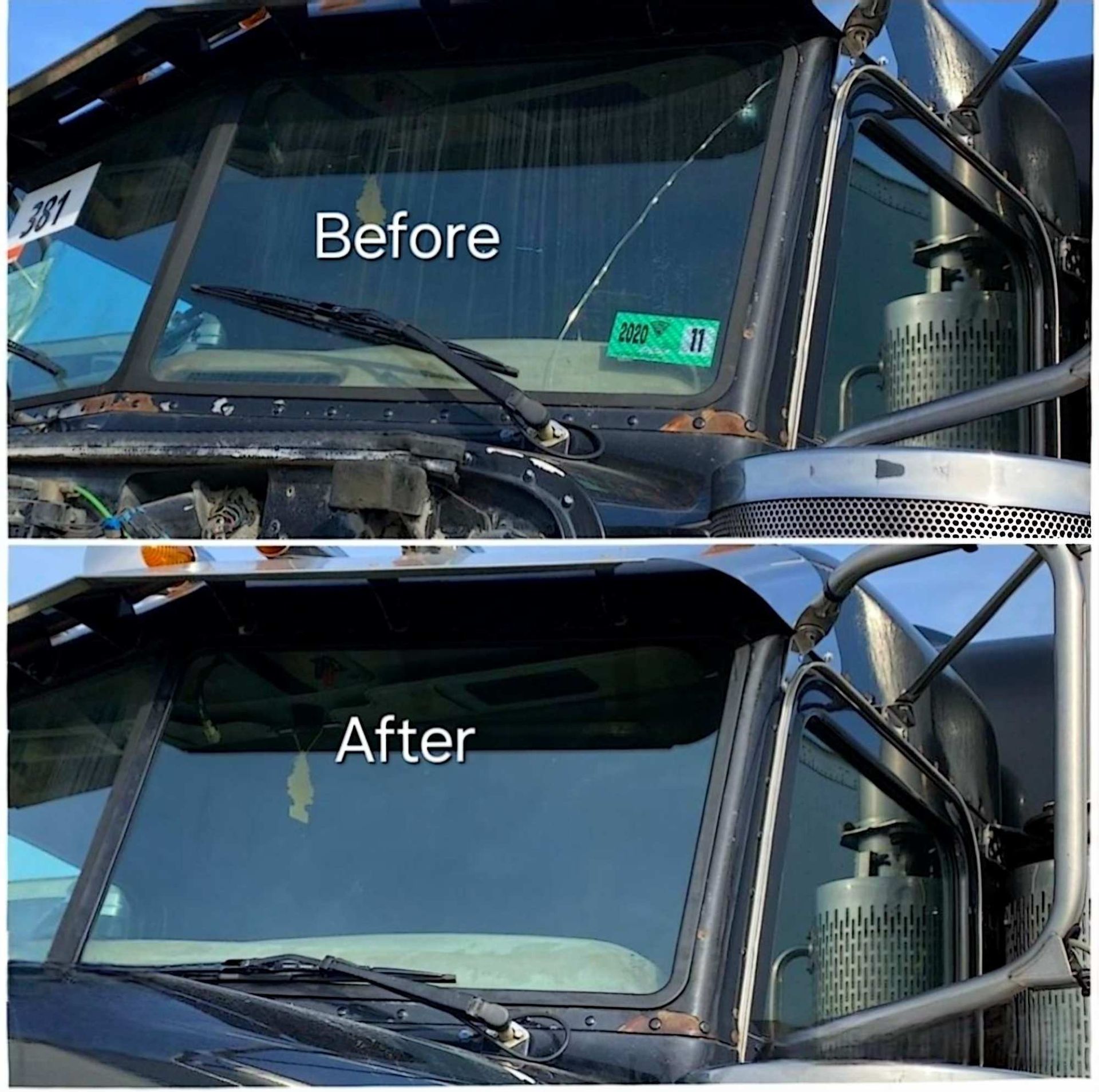 A split-screen comparison showing a truck windshield with a crack before repair and a clear, undamaged windshield after.