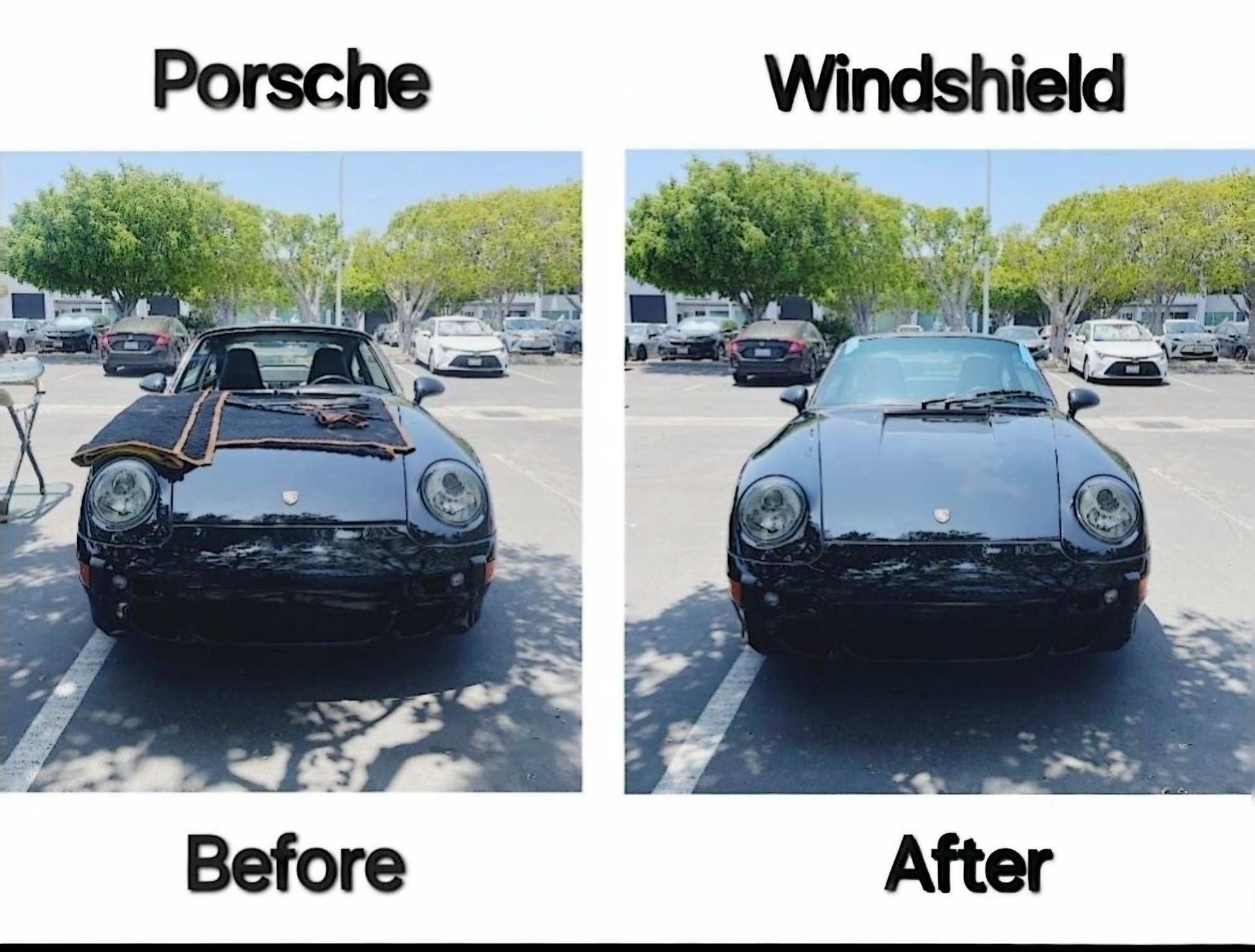 Before and after comparison of a black Porsche in a parking lot, showing the installation of a new windshield.