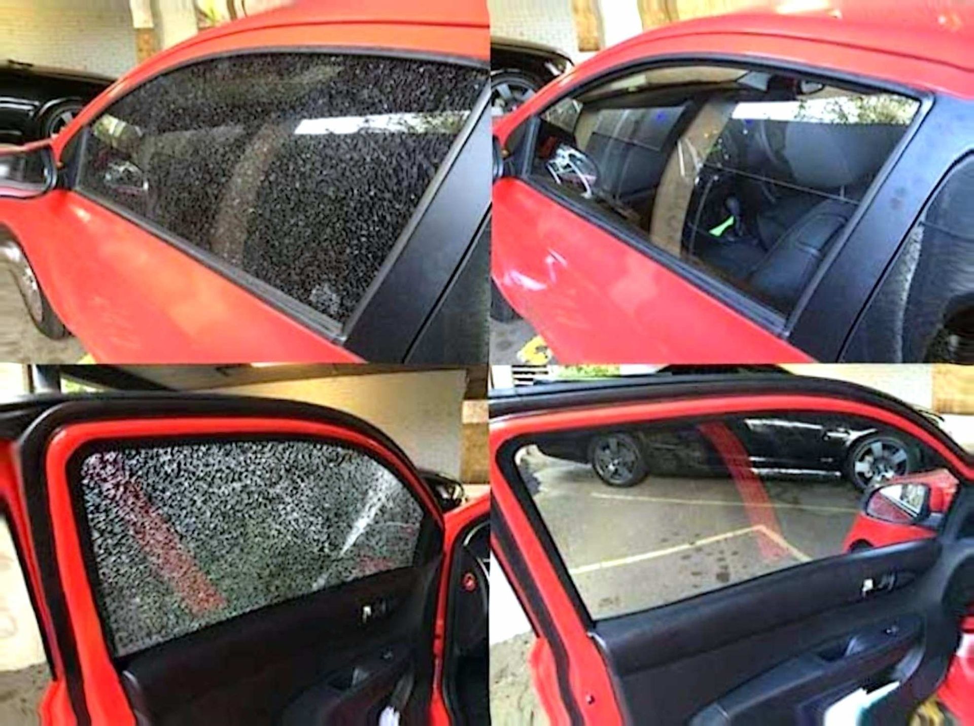 A composite photo showing a red car door's window before and after the removal of speckled debris or film.
