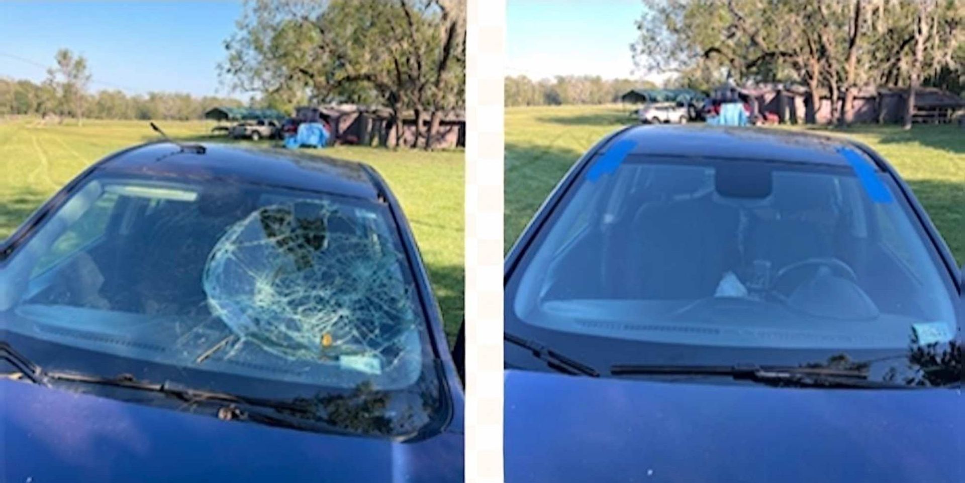 Before and after photos of a blue car with a shattered windshield, which has been replaced with a new one.