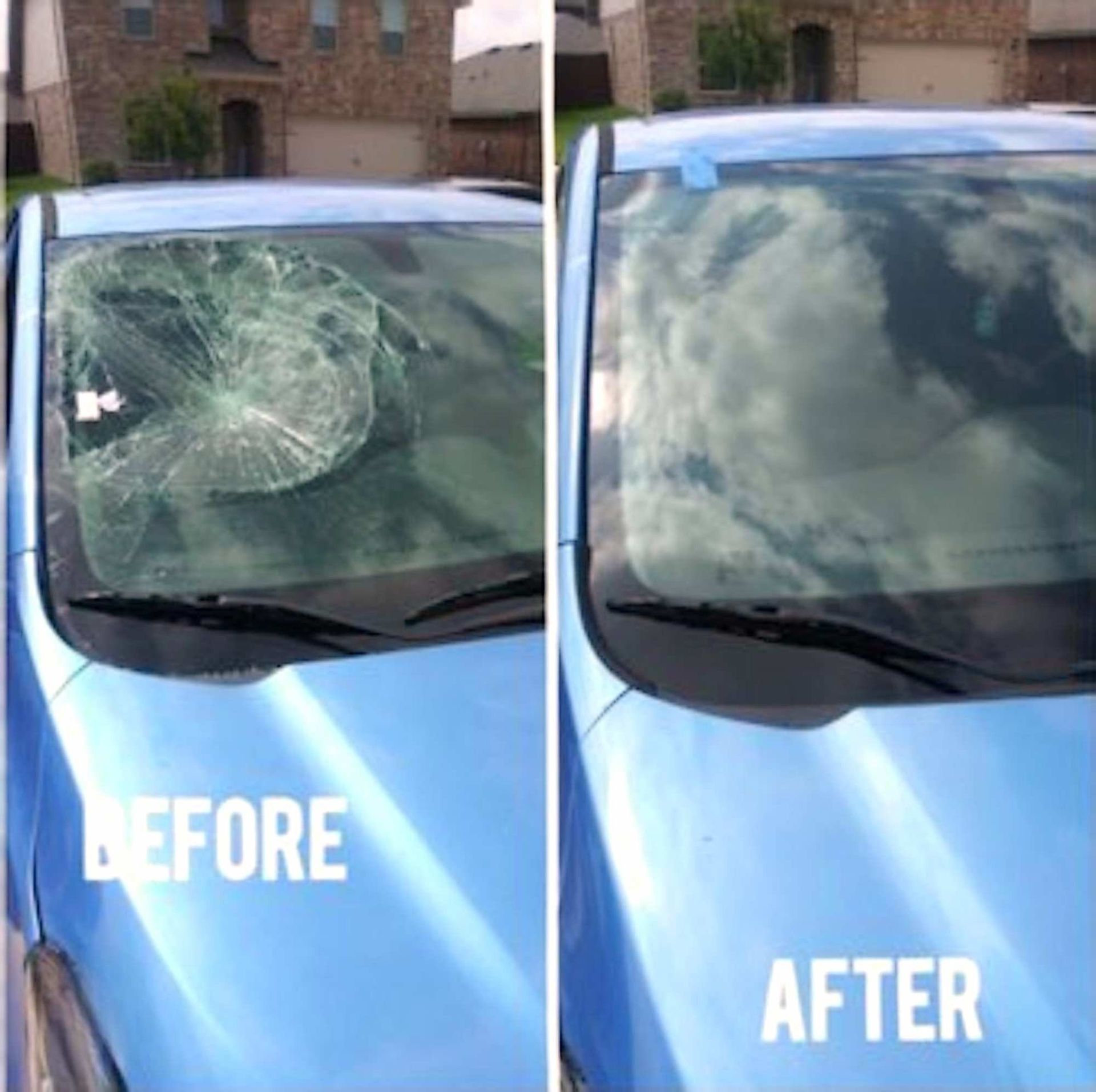 Side-by-side comparison of a car with a shattered windshield on the left and a new, clear windshield on the right.