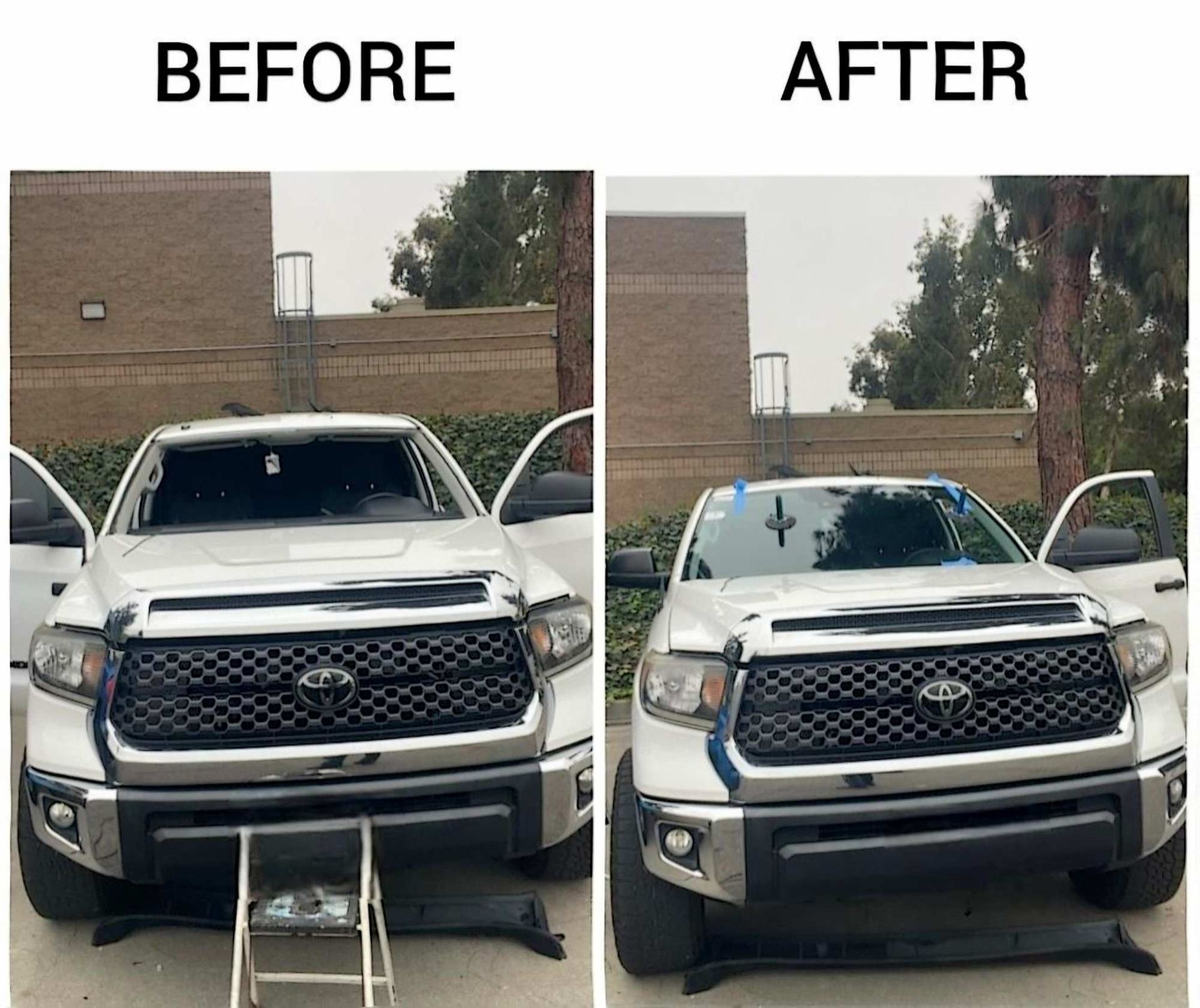 A white Toyota truck before and after windshield replacement, featuring blue painter's tape securing the new glass.