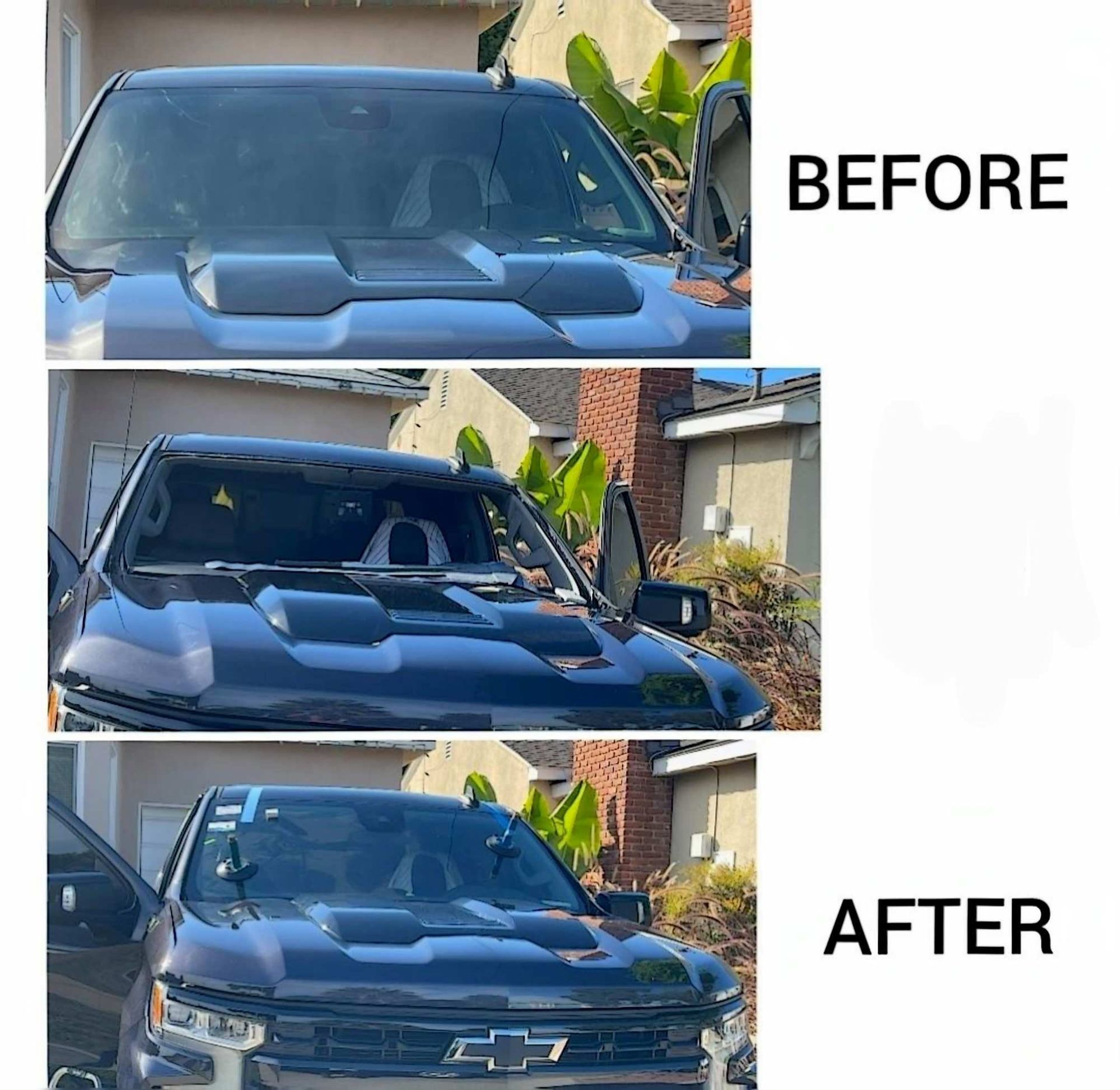 A three-part sequence showing a truck before, during, and after a windshield replacement.