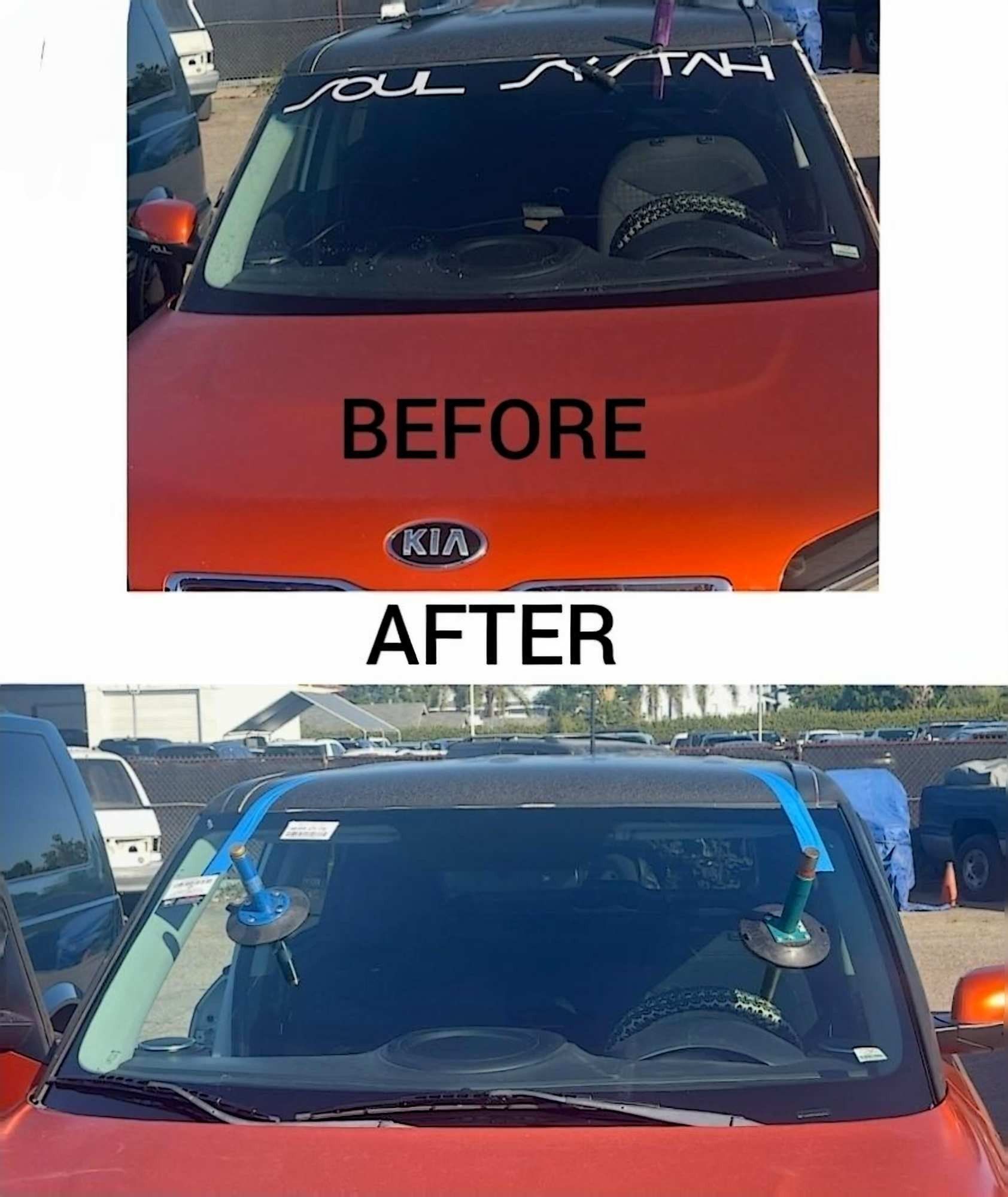 Two photos of an orange Kia show a windshield replacement process, with the old glass removed and suction tools attached.