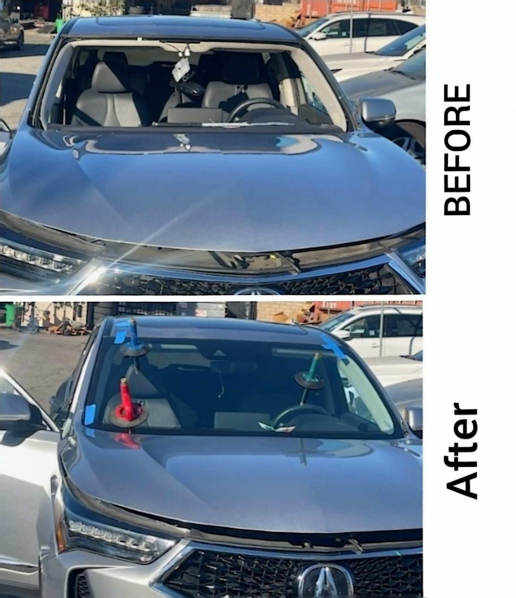 Before and after photos of an Acura car showing a windshield replacement process using suction cup tools.