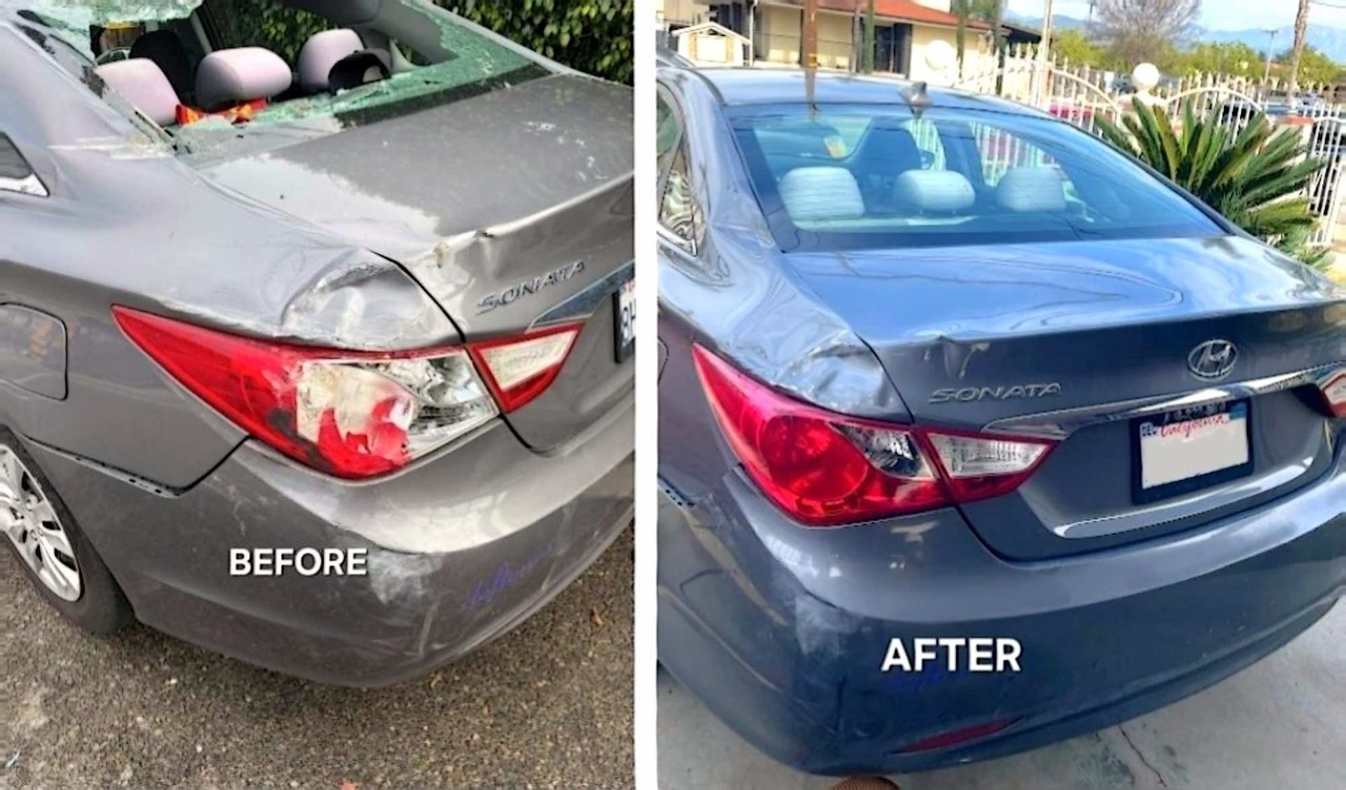 A side-by-side comparison of a grey Hyundai Sonata showing rear-end body damage before and after repair.