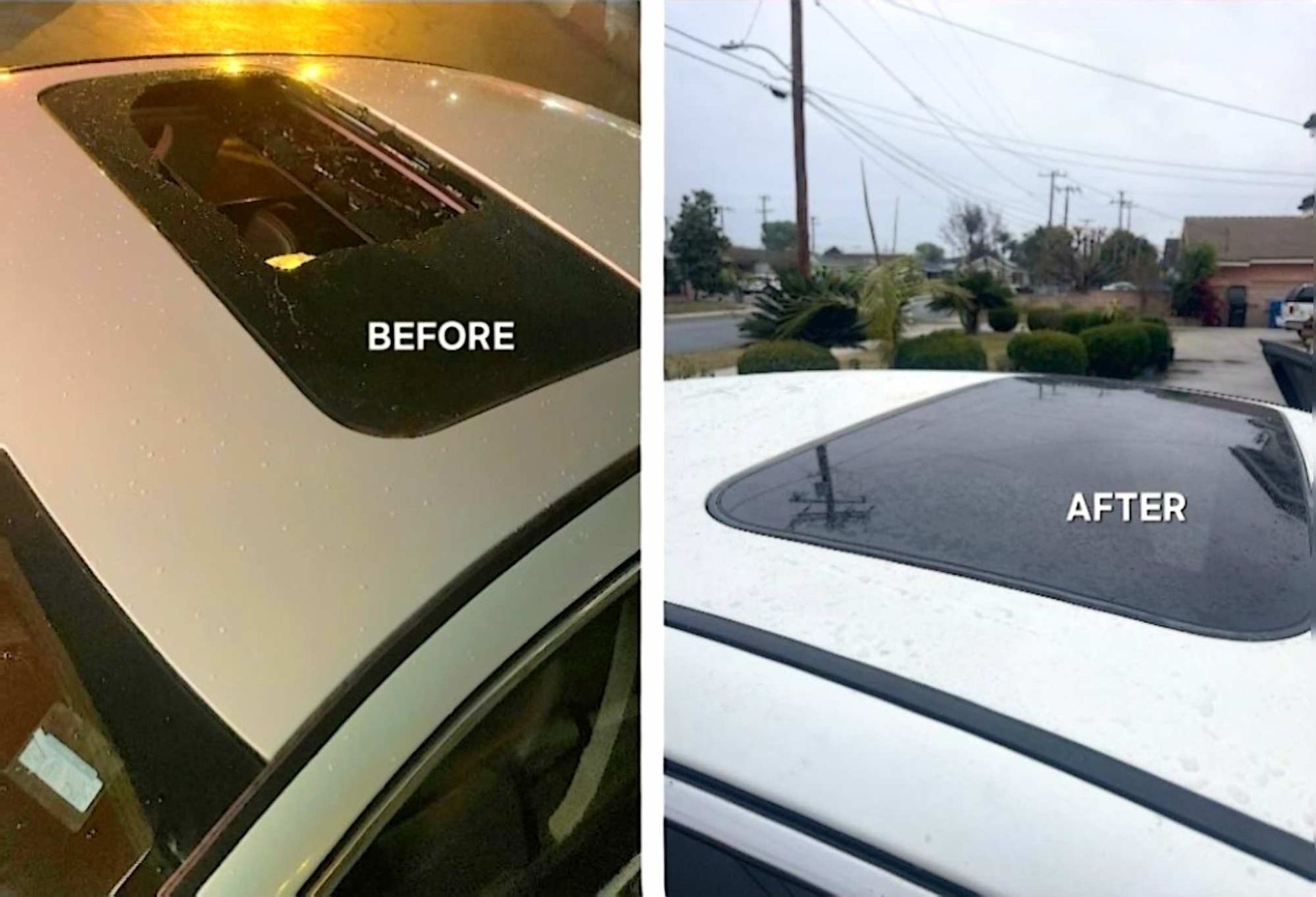 A split-screen comparison of a car sunroof showing damage before repair on the left and a restored,
