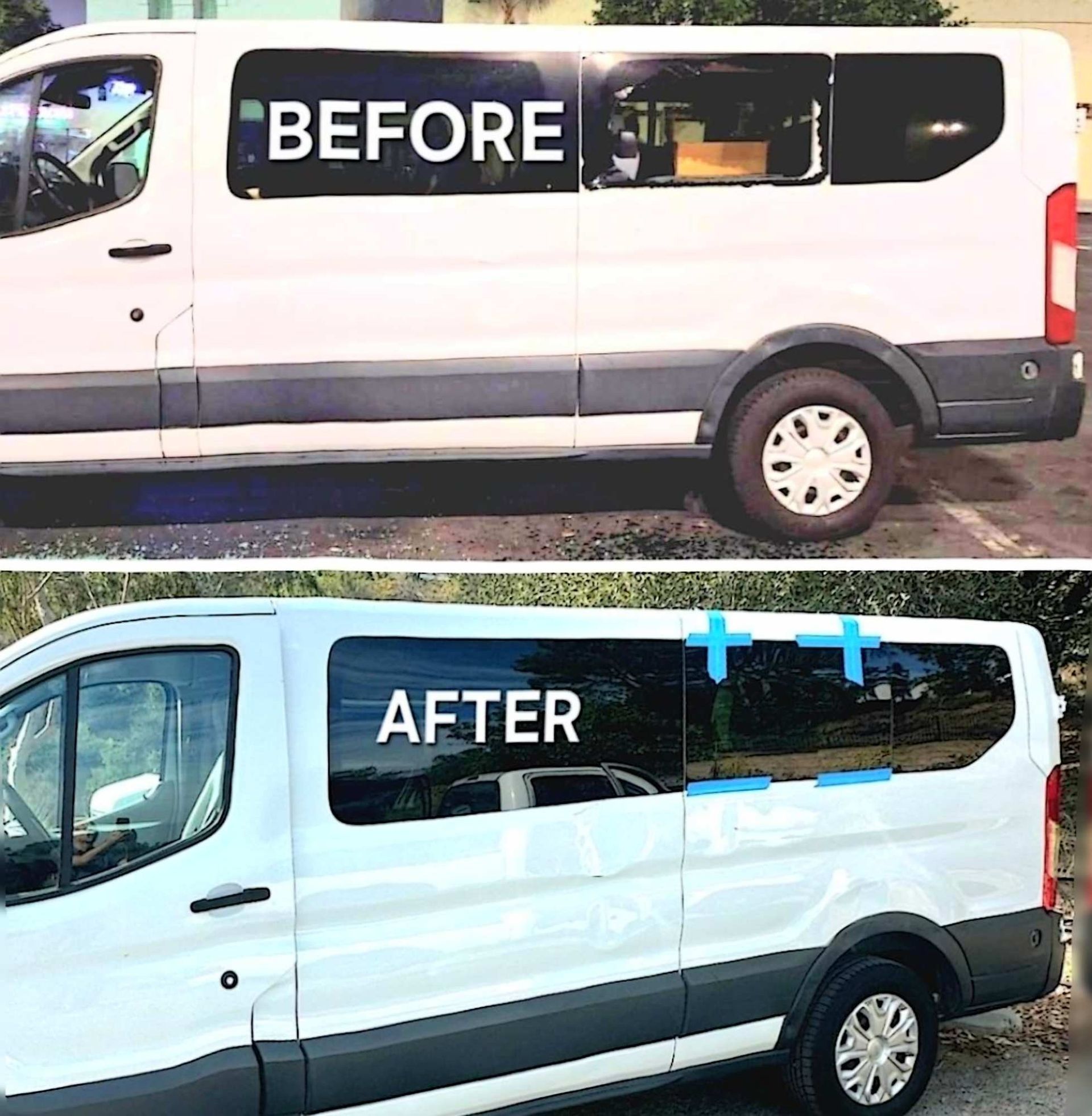 Before and after comparison of a white van, showing the replacement of a rear window with a new panel.