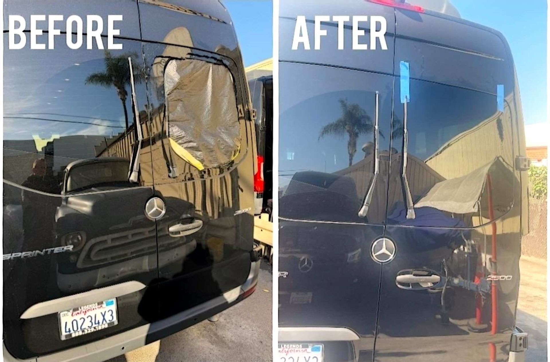 Before and after comparison of a black Mercedes van rear window, showing a damaged pane replaced with a clean one.