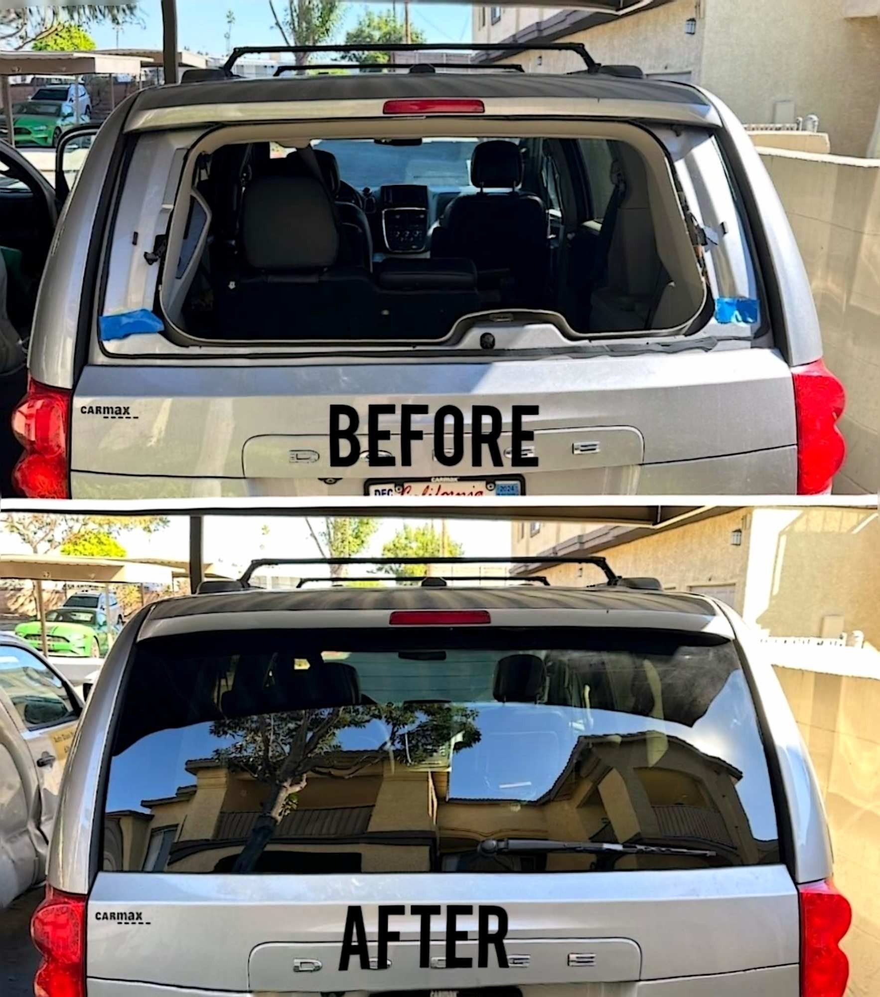 Before and after comparison of a silver SUV showing a shattered rear windshield being replaced with new glass.