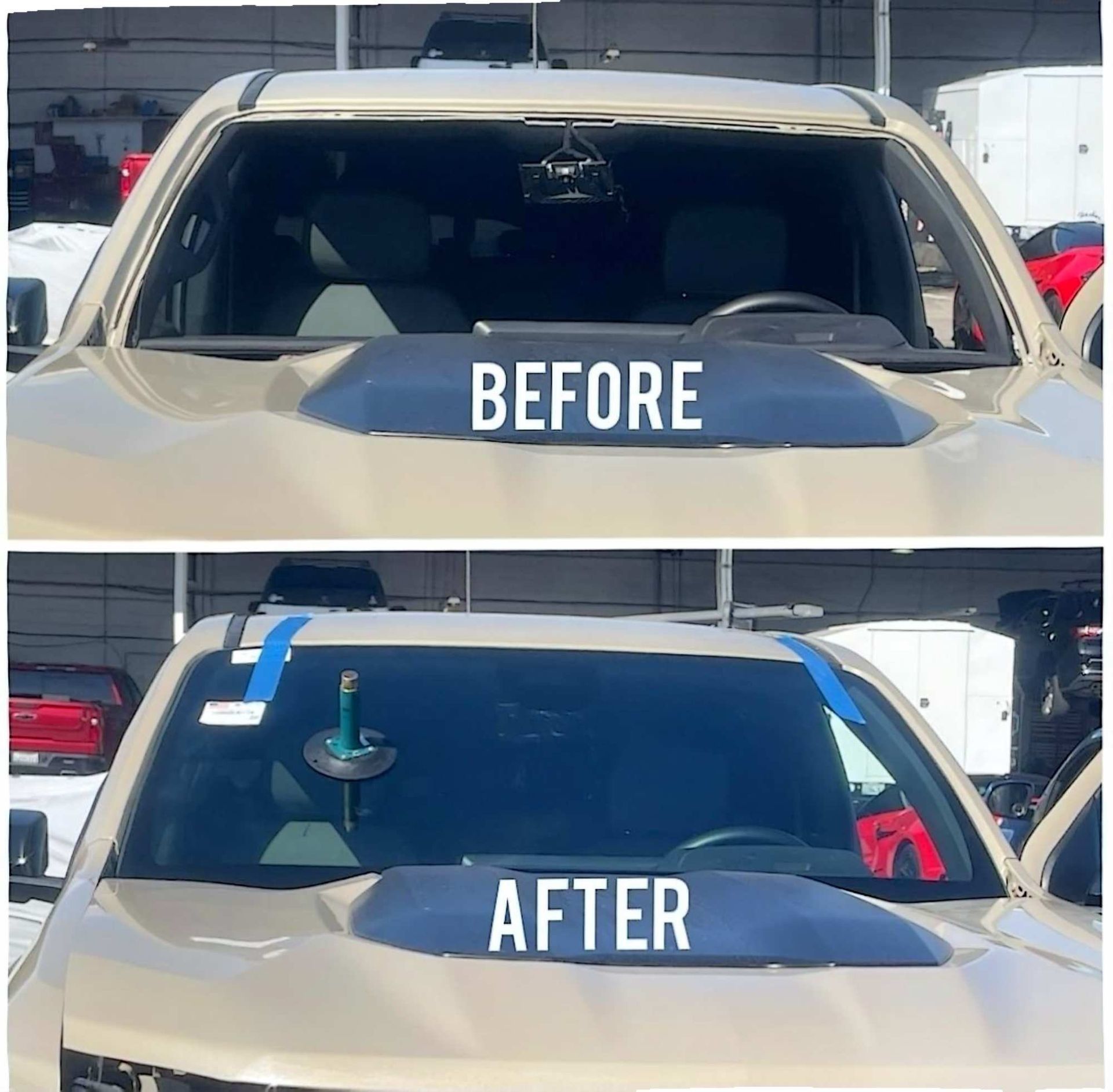 A comparison photo shows a beige truck with a shattered windshield above and a new windshield installed below.