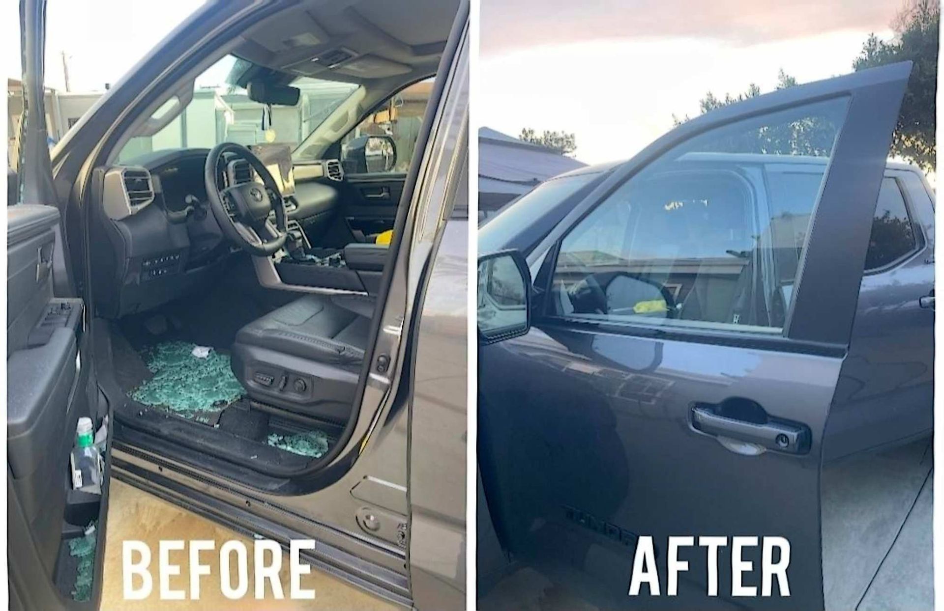 Before and after photos of a truck window repair showing shattered glass on the seat, then a fully replaced window.