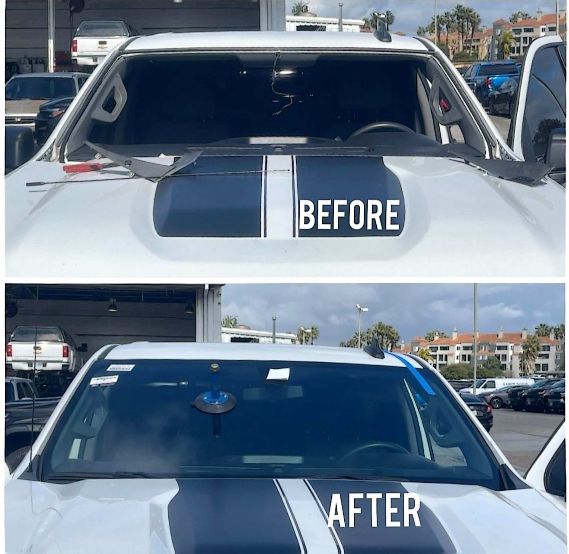 A before-and-after shot showing a white truck with a hood stripe getting a new windshield installed at a shop.