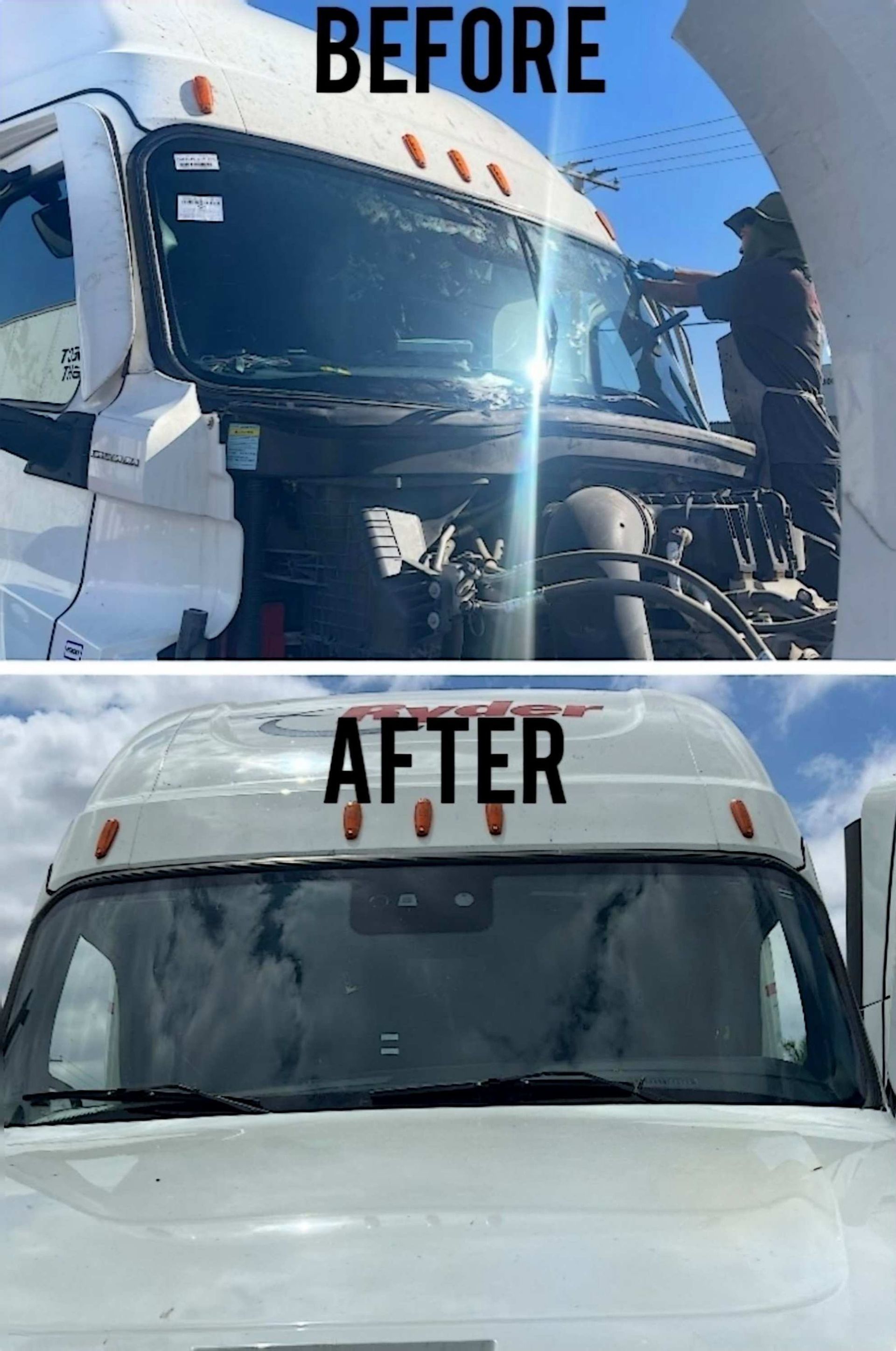 Before and after comparison showing a truck with a damaged windshield being repaired and then restored.