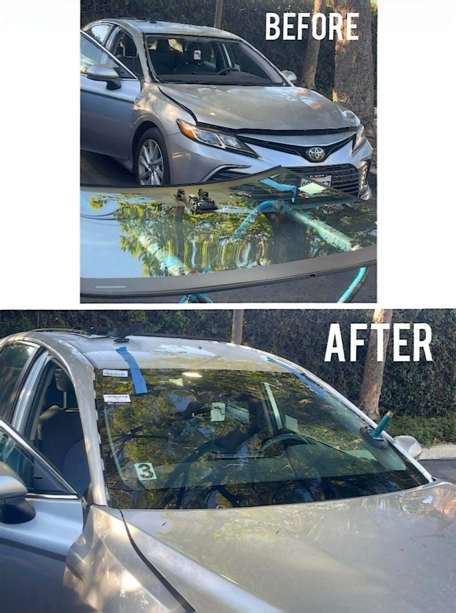 Before and after photos of a silver car with a damaged windshield being repaired with new glass.