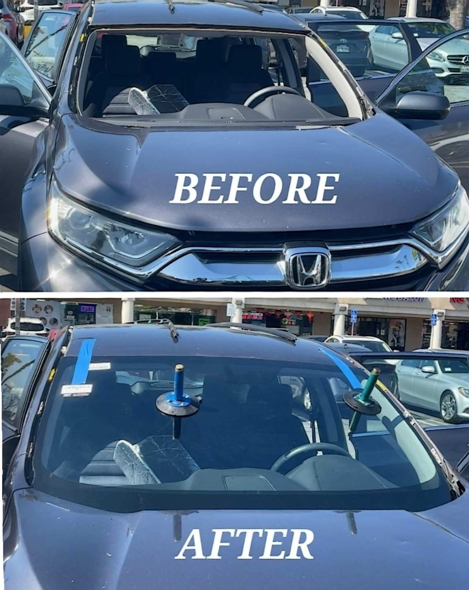 Split screen showing a gray Honda with a broken windshield before and after professional repair with glass suction cups.