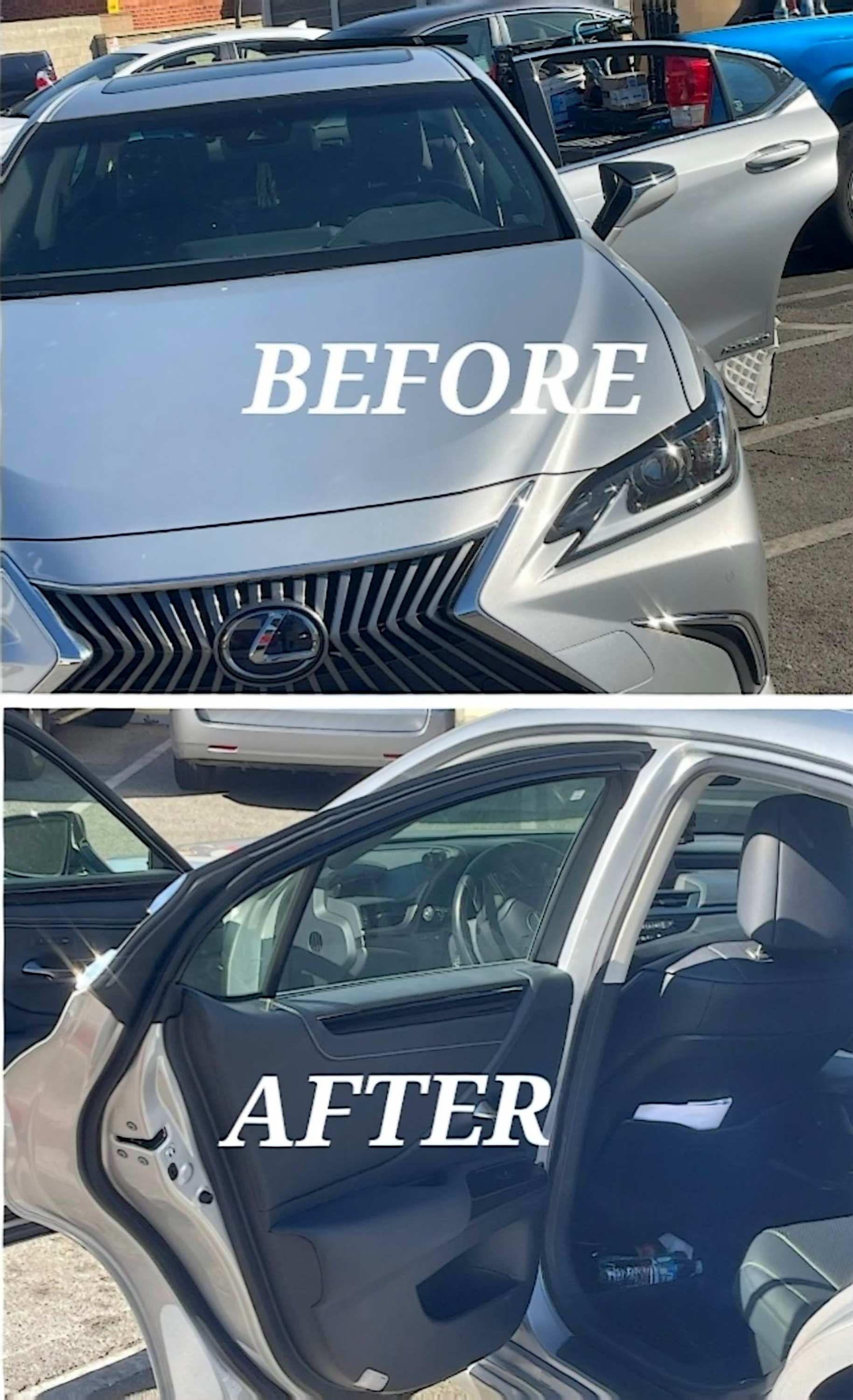 Before and after comparison showing a silver Lexus car exterior and its stripped-down, disassembled interior cabin.