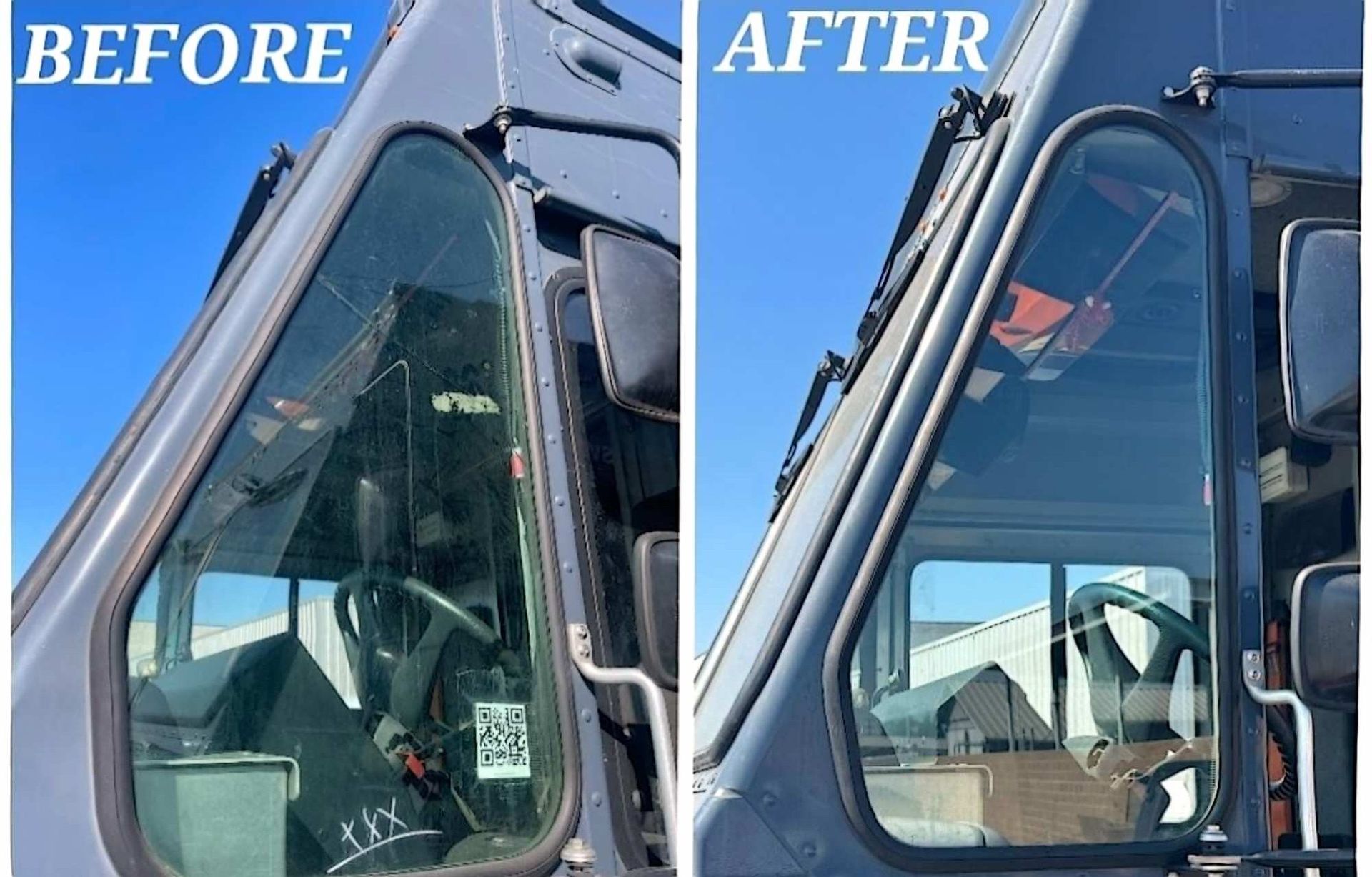 Before and after comparison of a vehicle window cleaned of dirt and grime, showing significantly improved clarity.