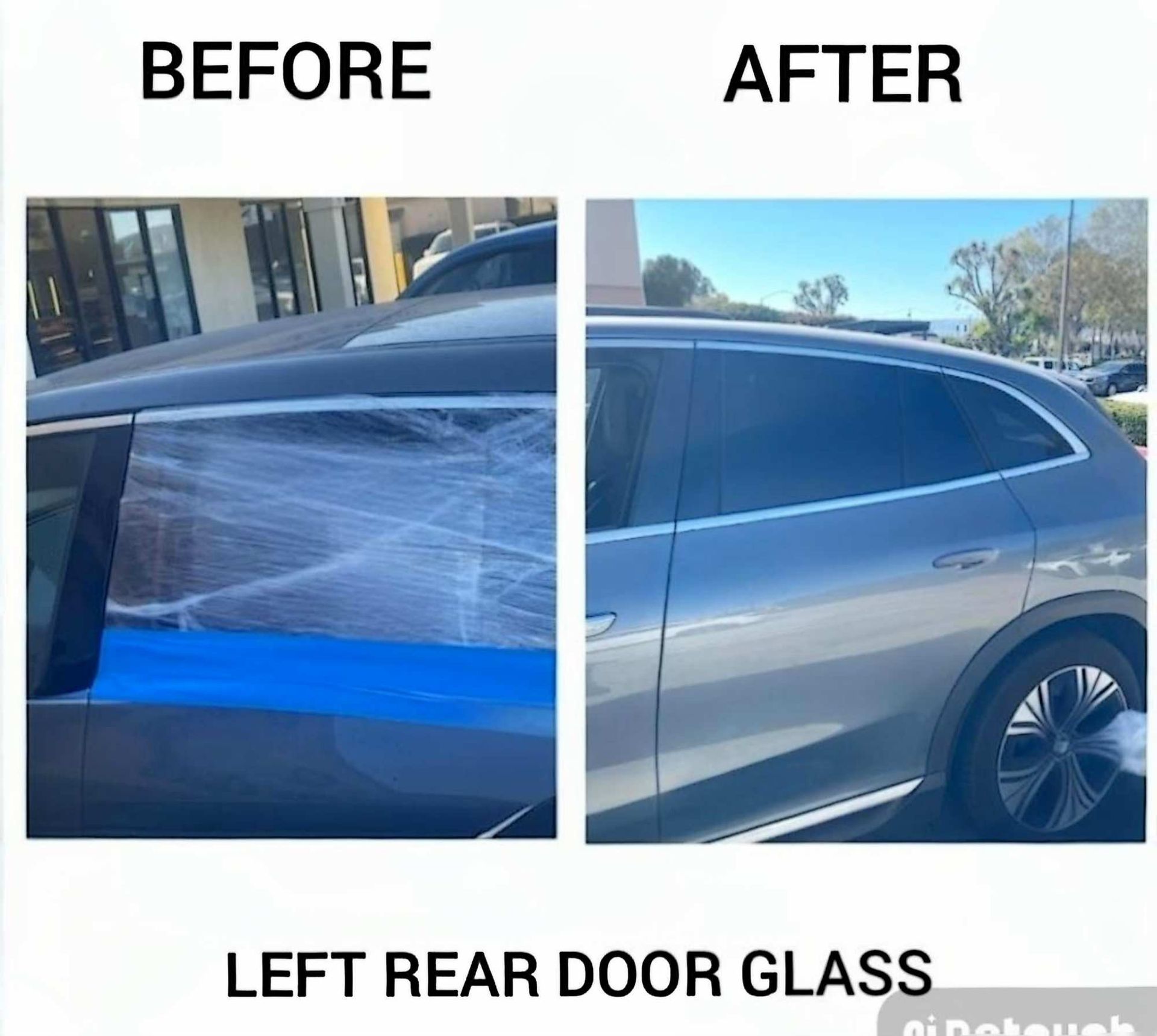 Before and after comparison of a silver car's left rear window, showing a broken, taped-up glass replaced with new glass.
