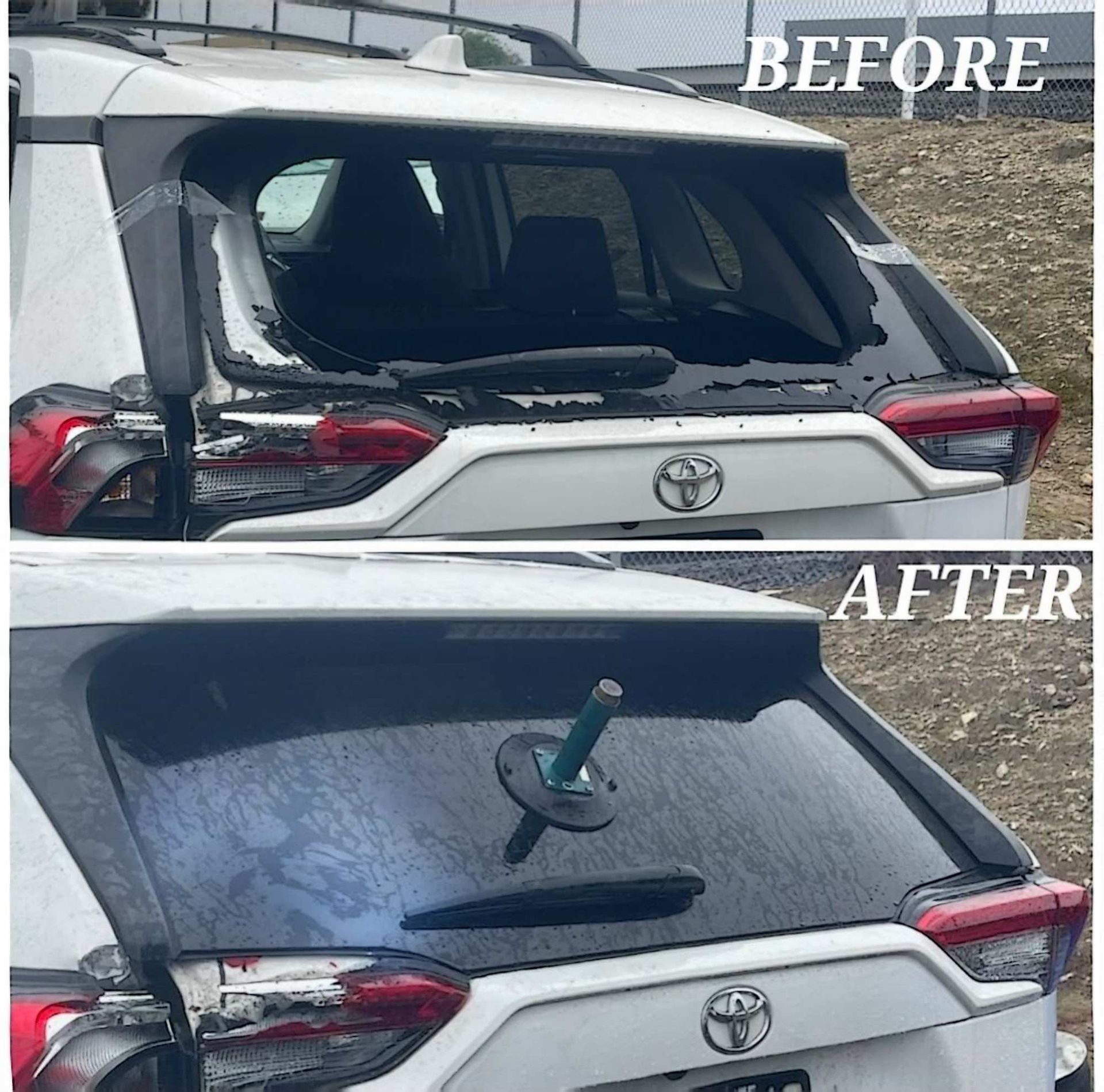 Before and after photos of a white SUV with a shattered rear window, now replaced with a new glass pane.