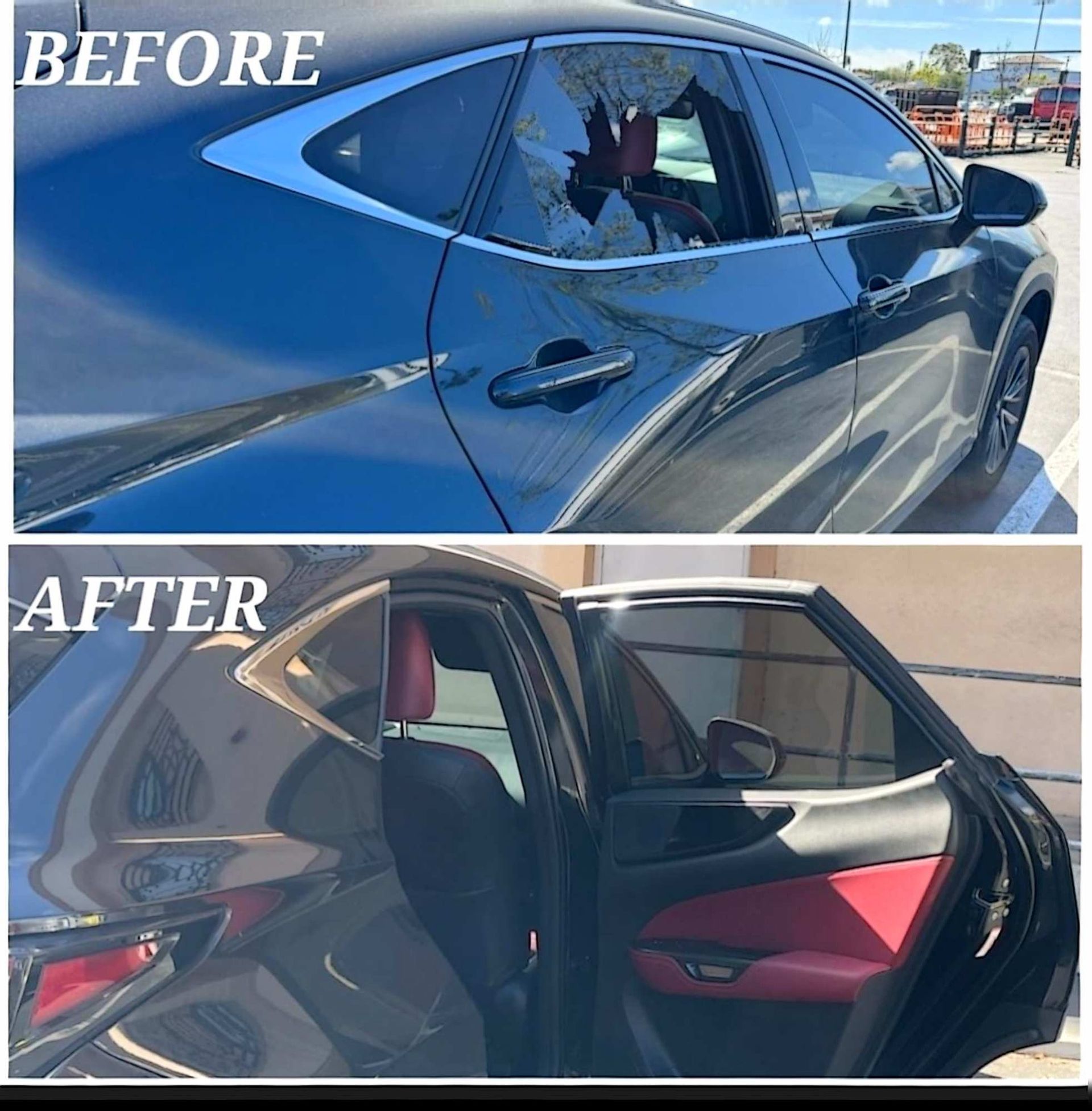 Split-screen view showing a vehicle with a shattered window before repair and the window replaced after repair.