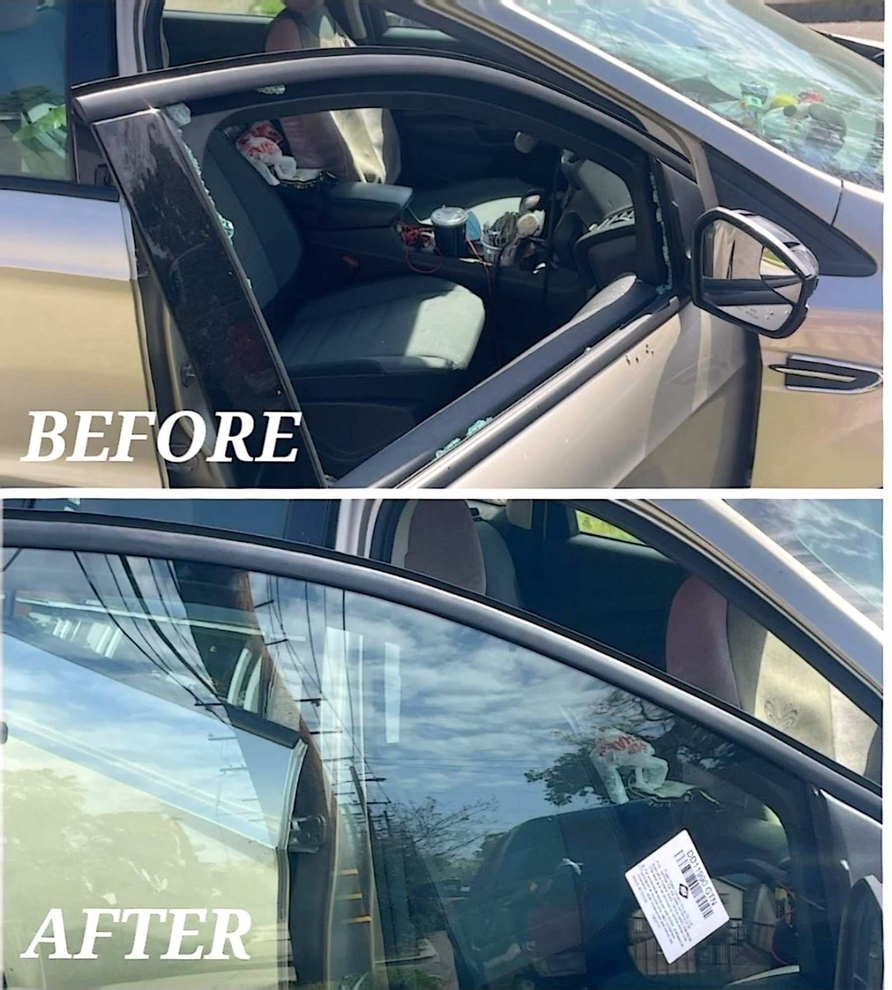 Before and after photos of a car with a shattered passenger window replaced with a new, clear glass pane.