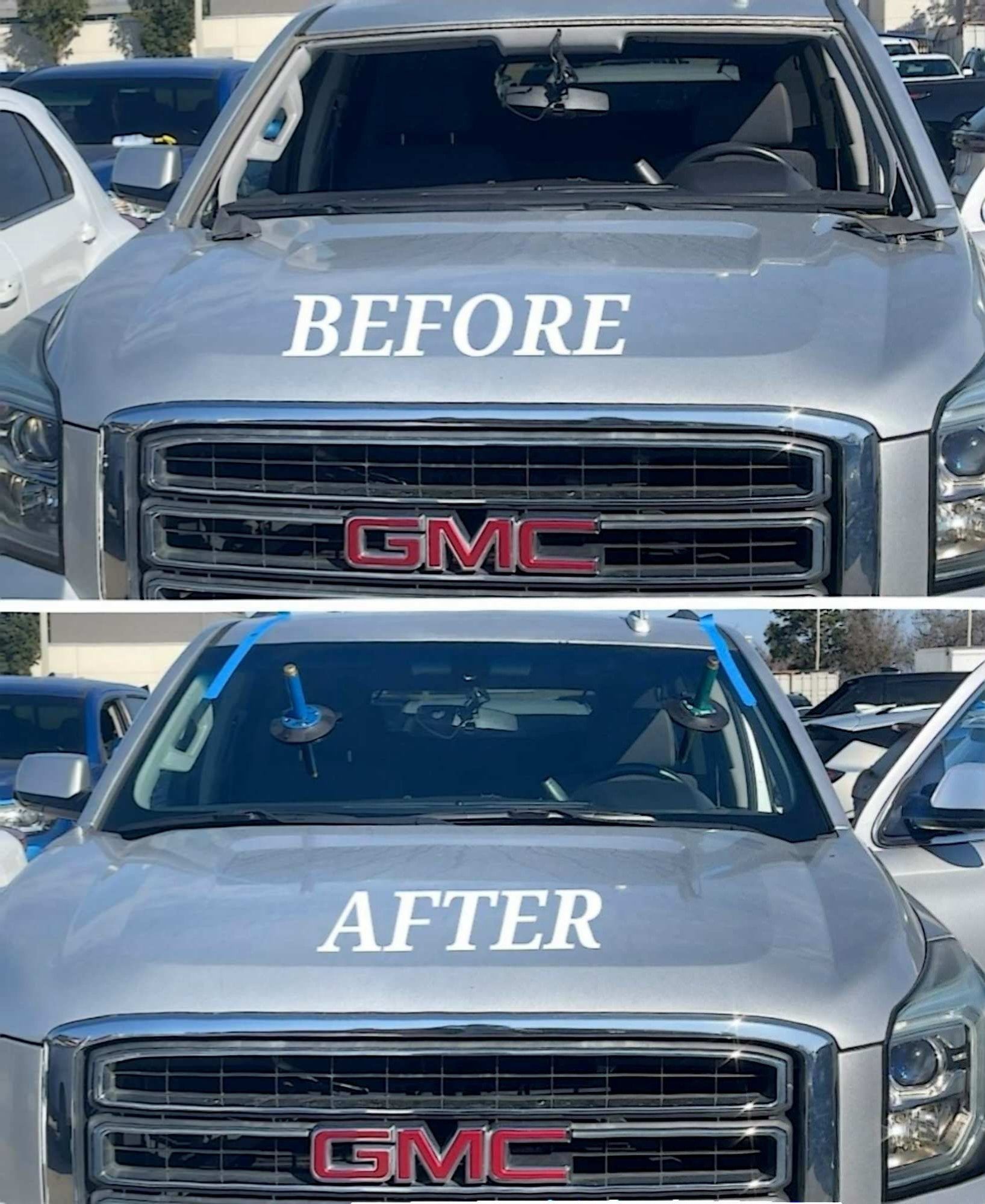 Before and after images of a silver GMC vehicle showing a windshield replacement.
