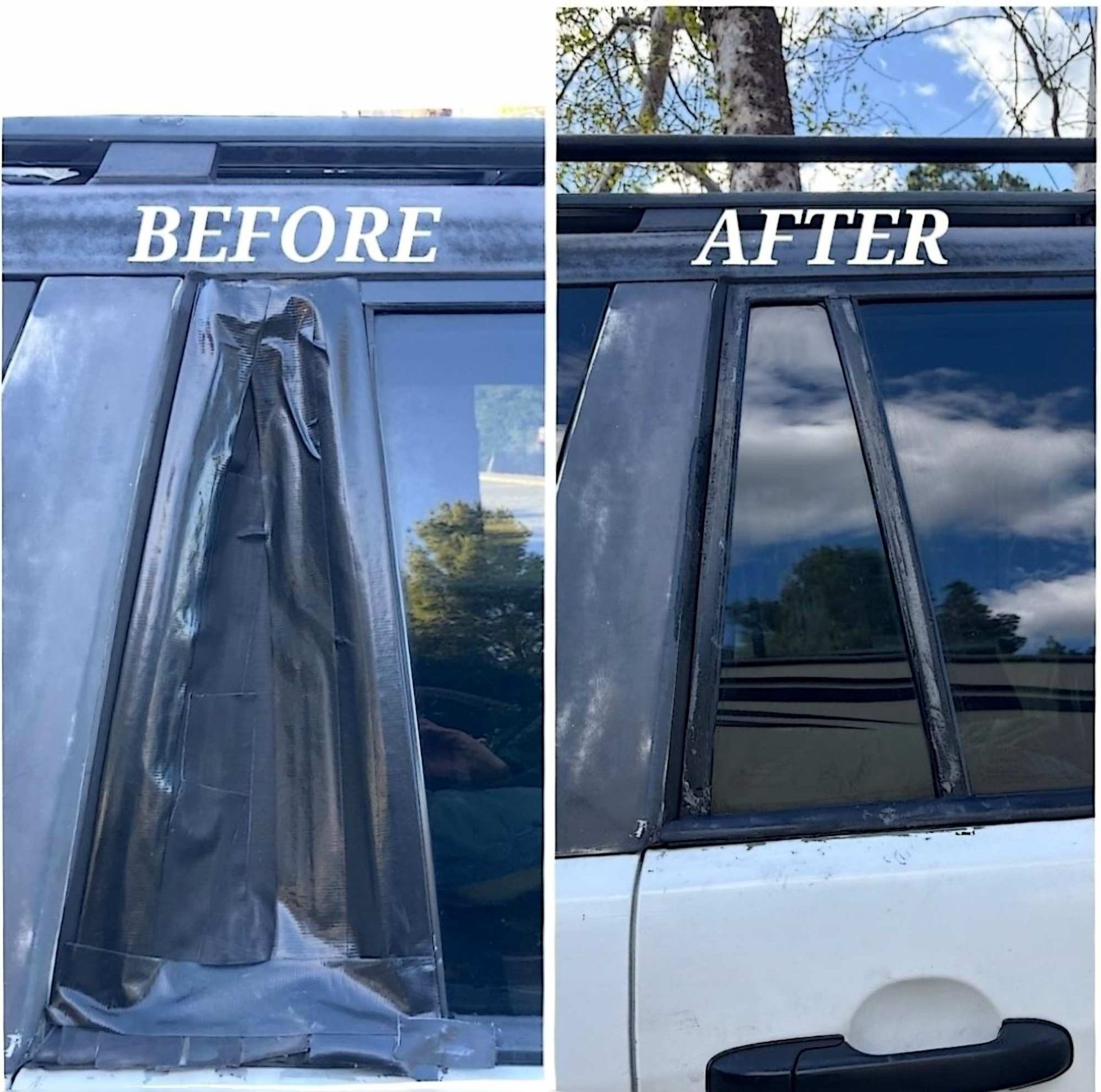 A side-by-side comparison of a car window pillar: the left shows peeling black trim, the right shows it restored and smooth.