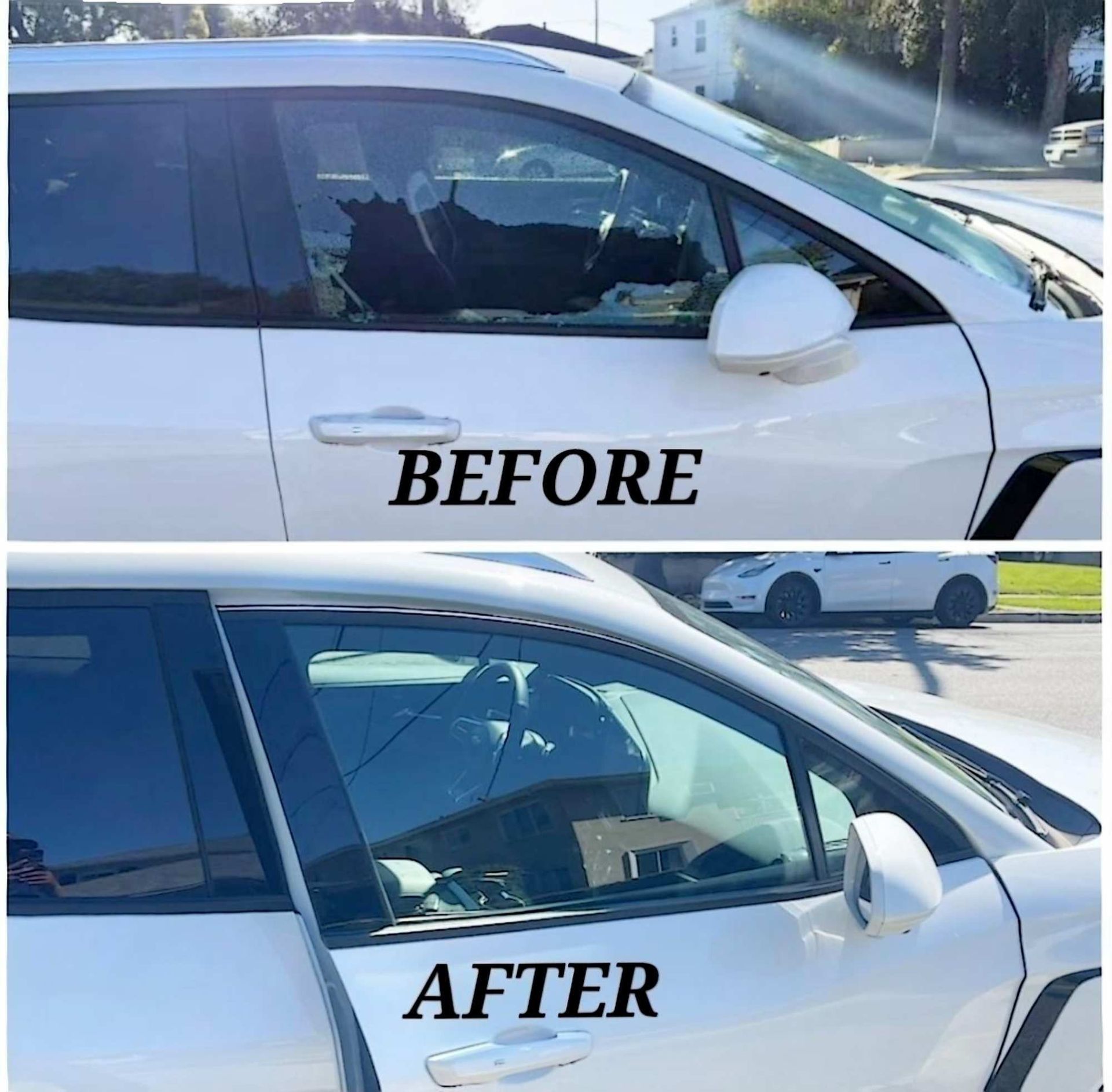 Before and after comparison of a white car door with a shattered window replaced by a new, intact glass pane.