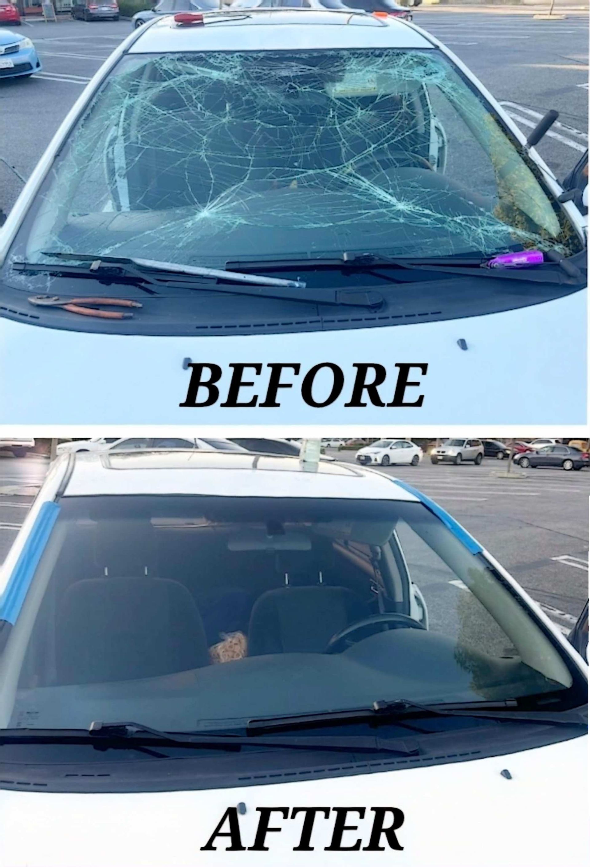 A before and after comparison of a car windshield: top shows a shattered windshield, bottom shows a new, clear one.
