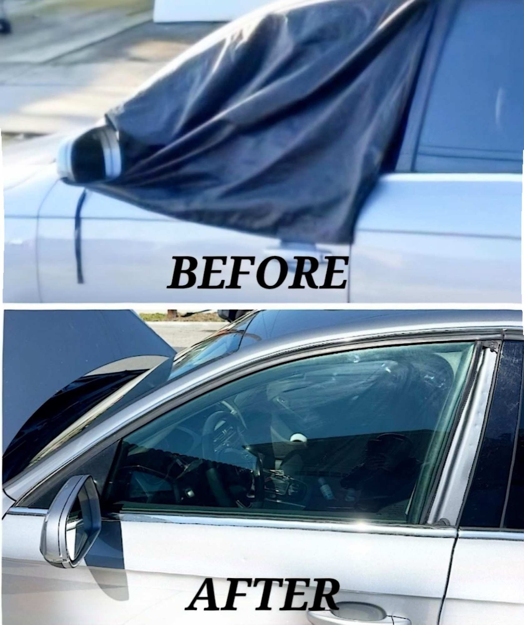 A comparison showing a black window cover on a car door before and after it is removed to reveal a clear window.