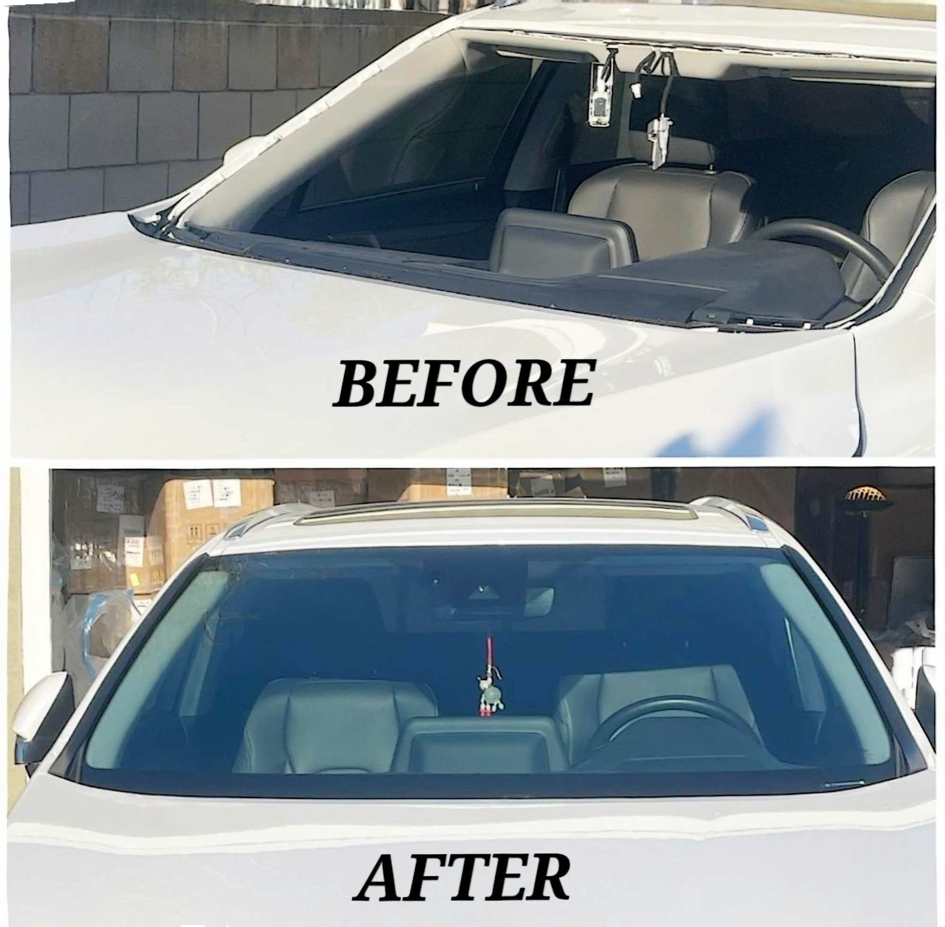 A comparison showing a car before and after a windshield replacement, with the after showing a fully installed glass.