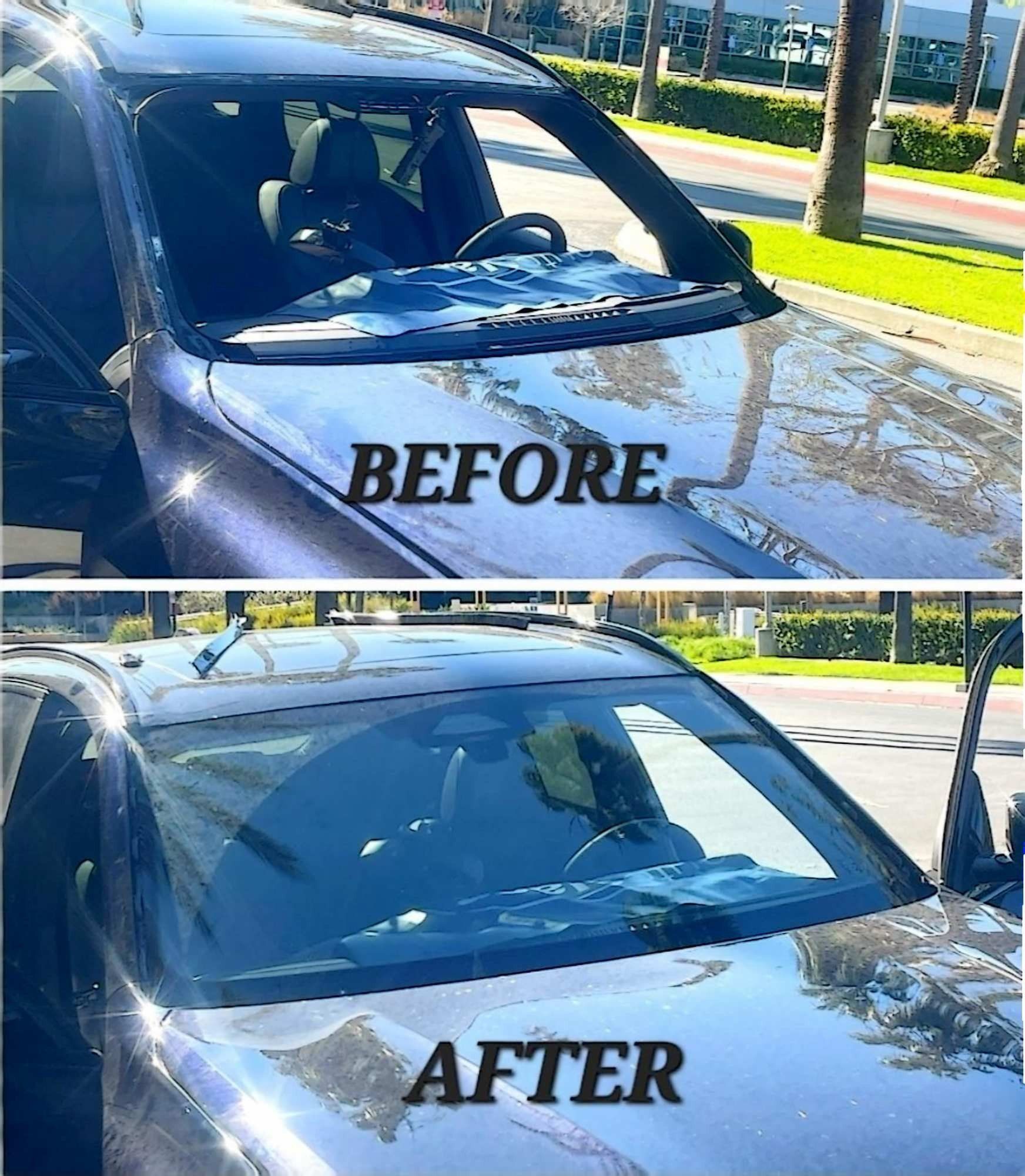 A before and after comparison of a car windshield, showing a damaged, cracked glass replaced with a clear, new one.