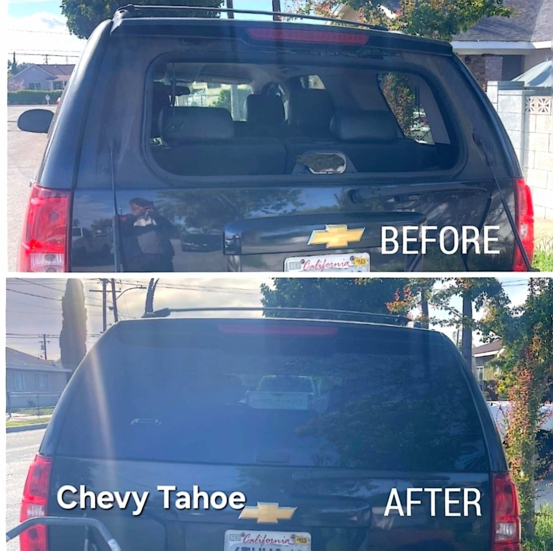 Before and after photos of a black Chevy Tahoe with a repaired, tinted rear windshield.