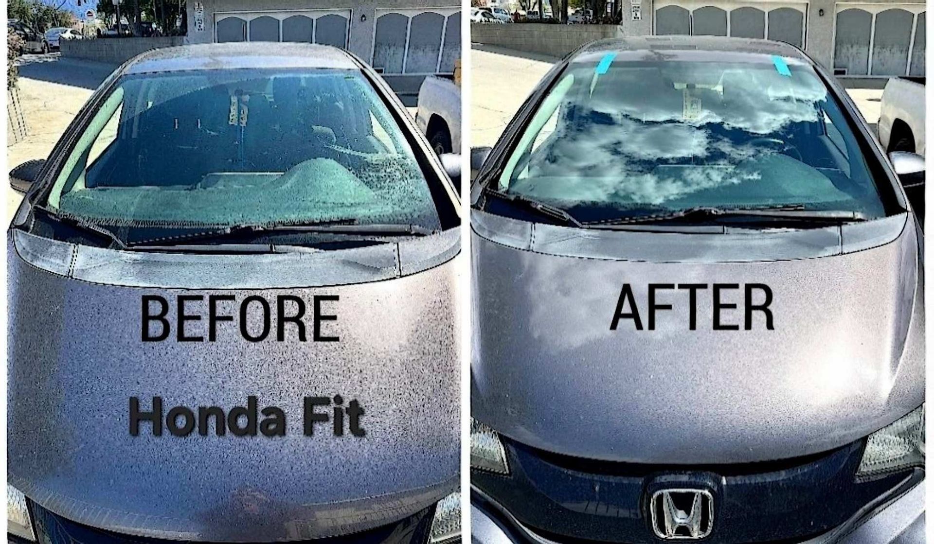 A side-by-side comparison of a grey Honda Fit, showing a dirty, spotted hood before cleaning and a clean hood after.