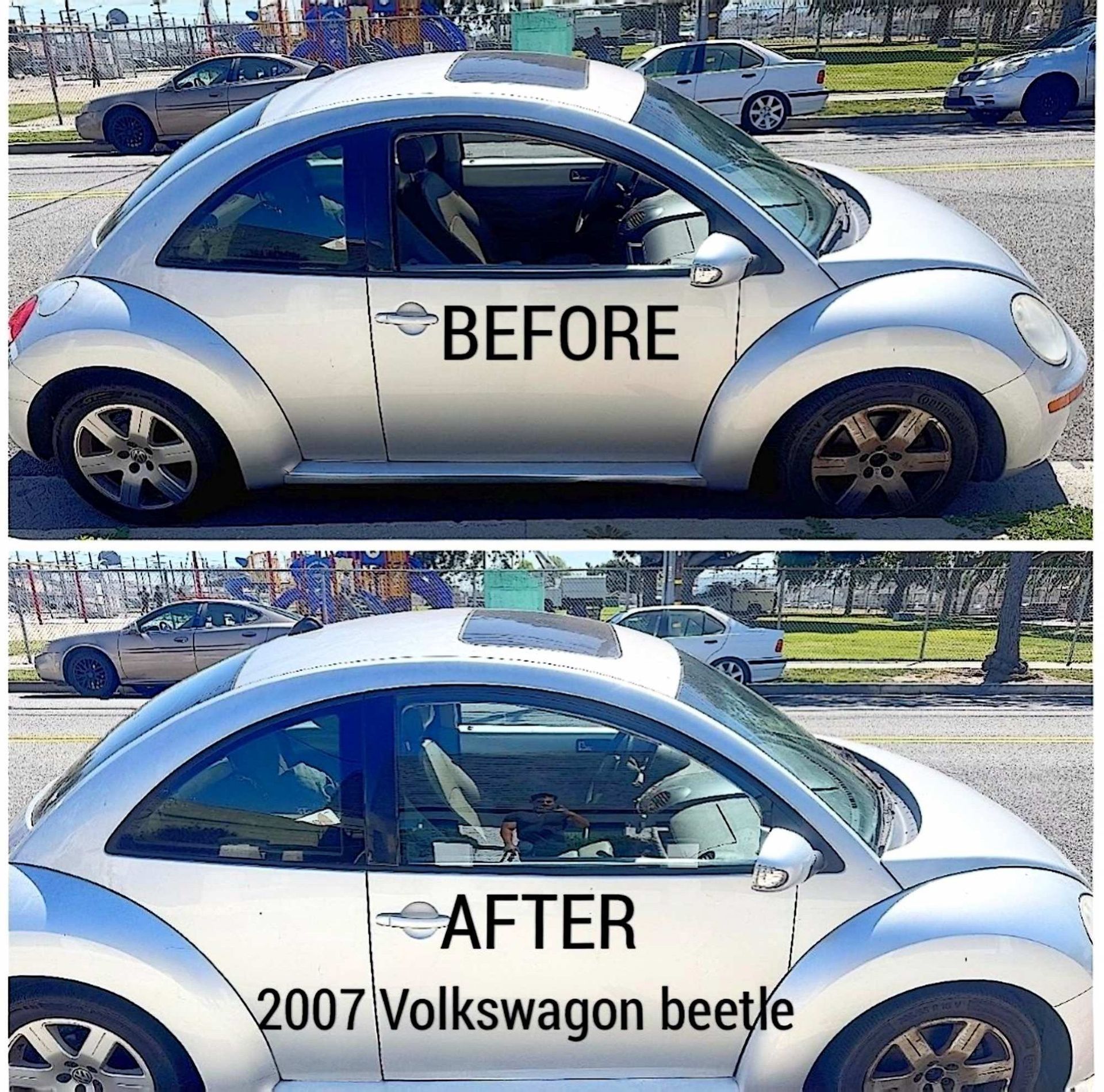 A before-and-after comparison of a silver 2007 Volkswagen Beetle showing the removal of a 