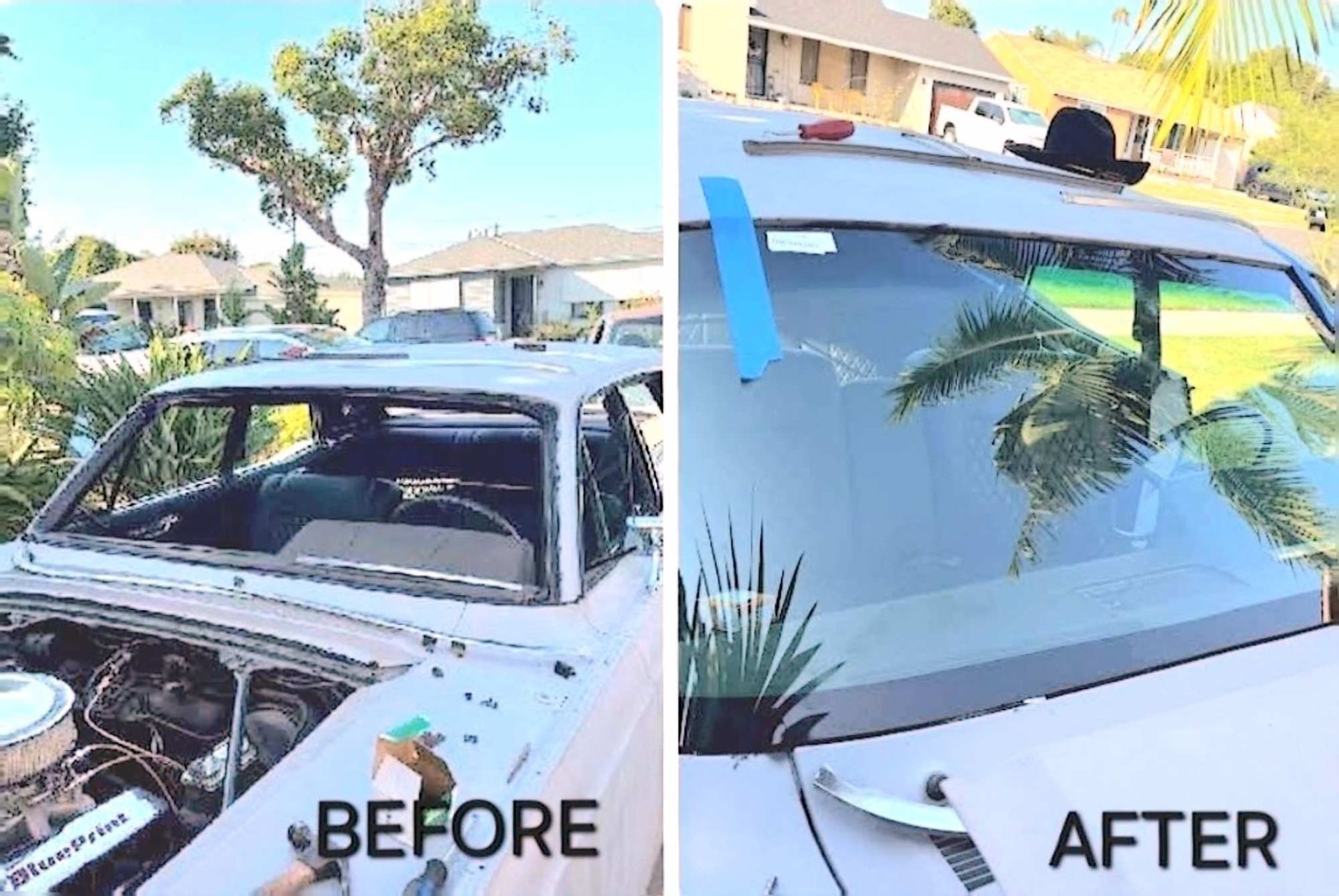 A side-by-side comparison of a car without a windshield and the same car after a new windshield has been installed.