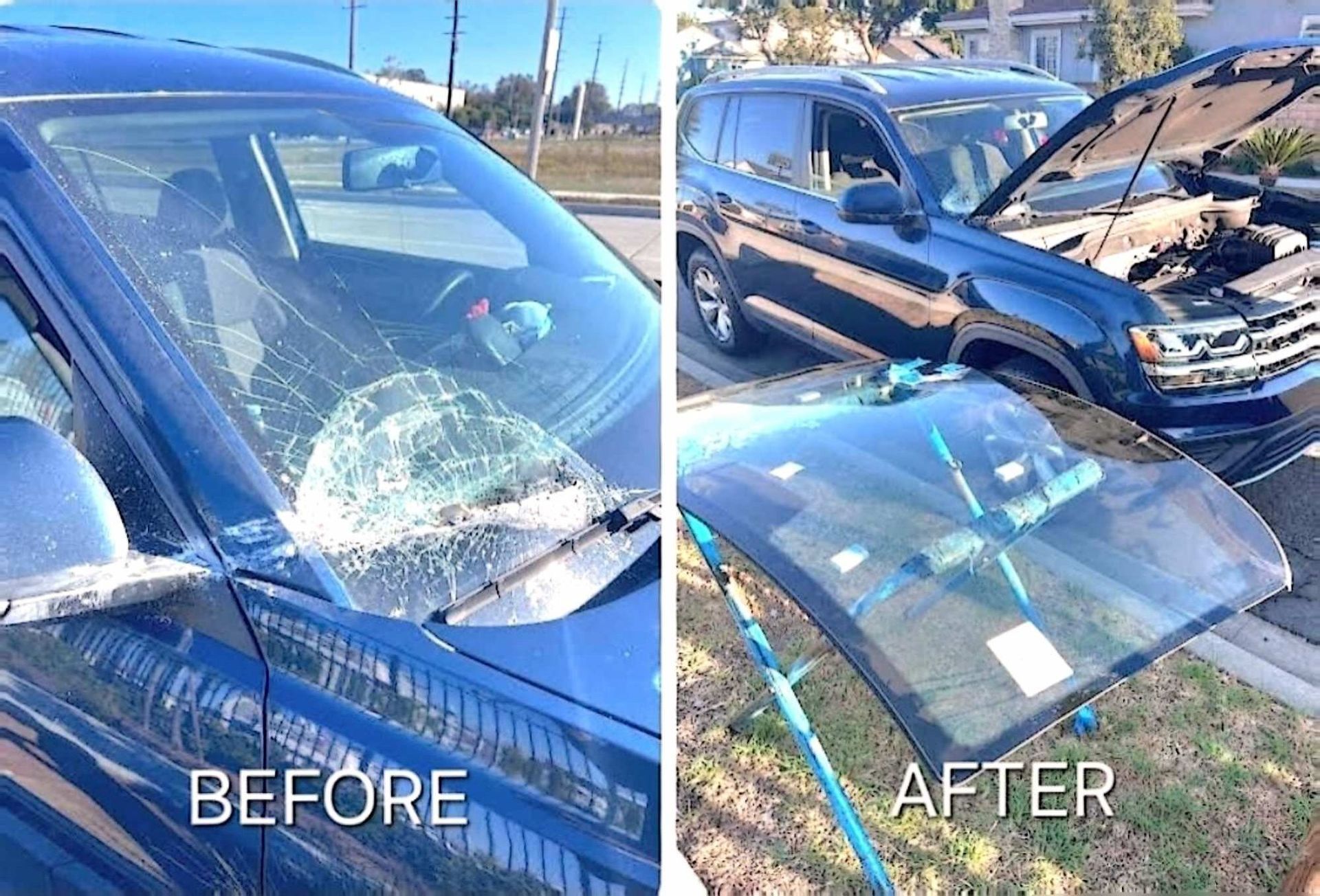 A side-by-side comparison of a dark blue SUV showing a cracked windshield on the left and a new windshield on the right.