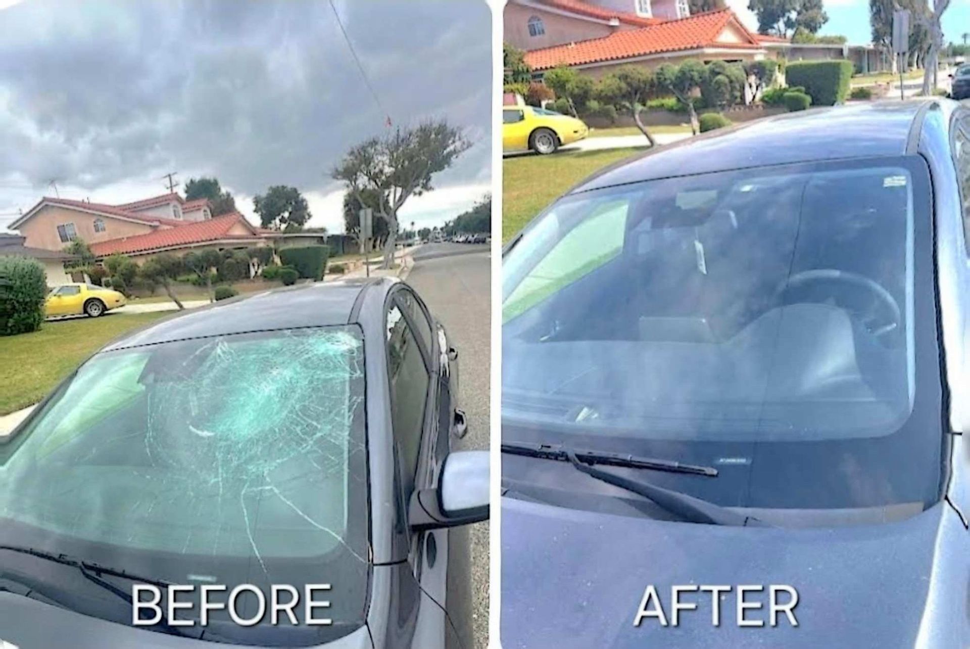 A side-by-side comparison of a car windshield before and after professional repair, showing the crack removed.