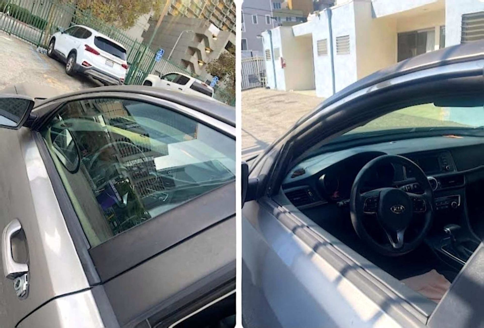 A split-view showing the side and interior of a silver Kia sedan parked outdoors, highlighting the dashboard and steering.
