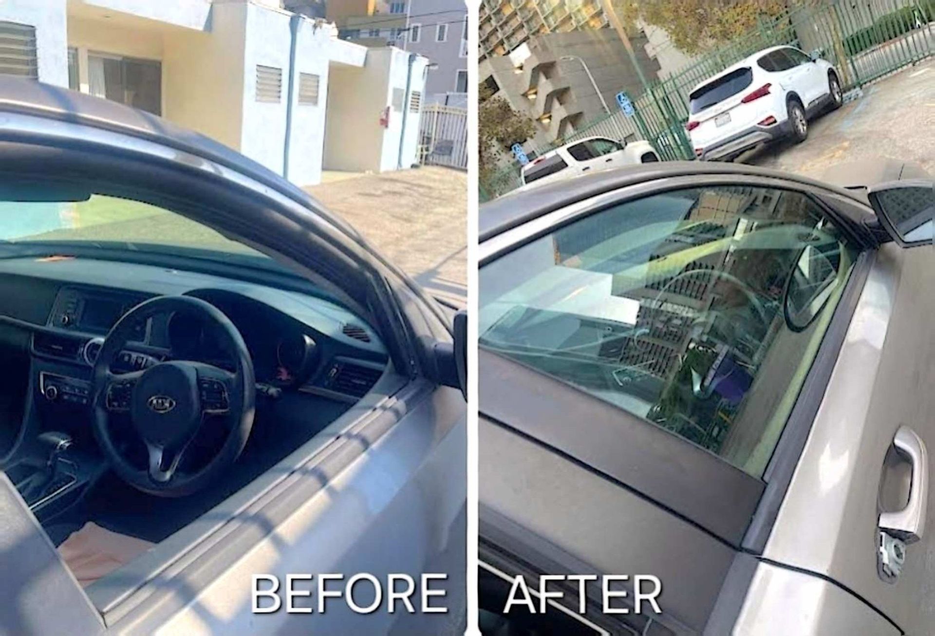 Before and after comparison of a car window, showing the installation of dark window tint.
