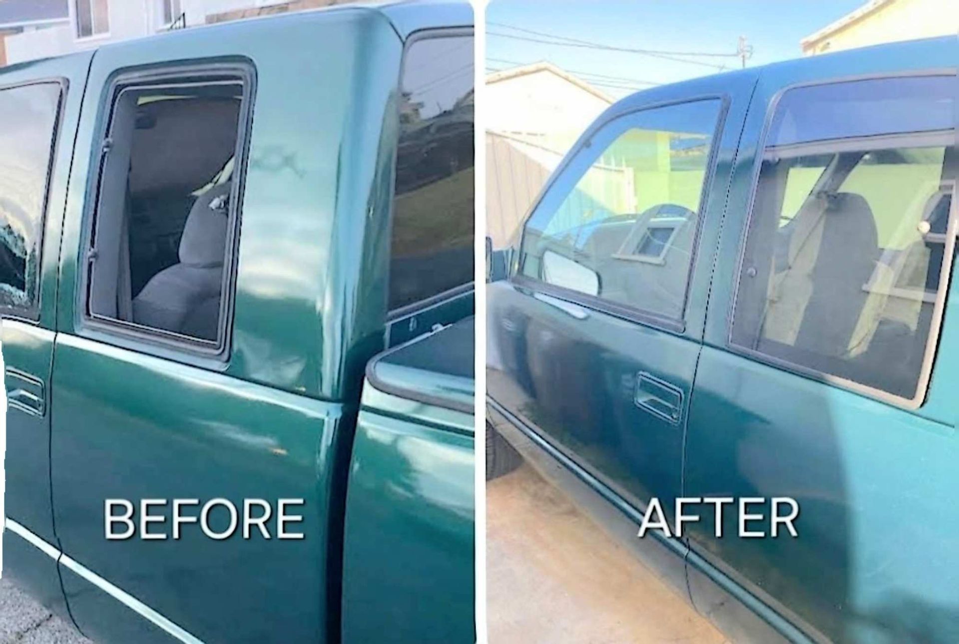 Before and after photos of a dark green pickup truck door, showing a missing window replaced with a new glass window.