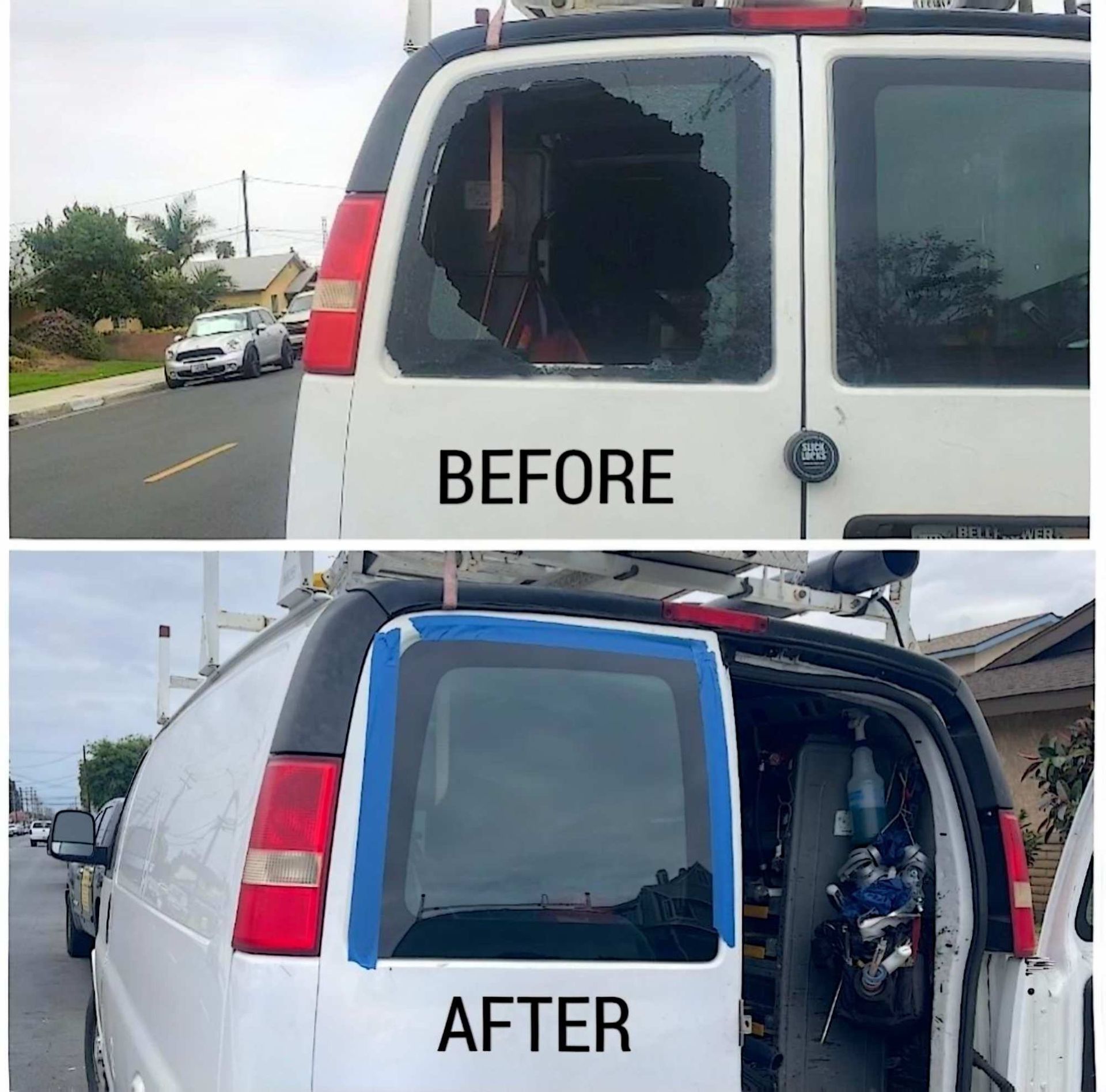 Before and after comparison of a white van with a shattered rear window replaced by a new glass panel secured with tape.