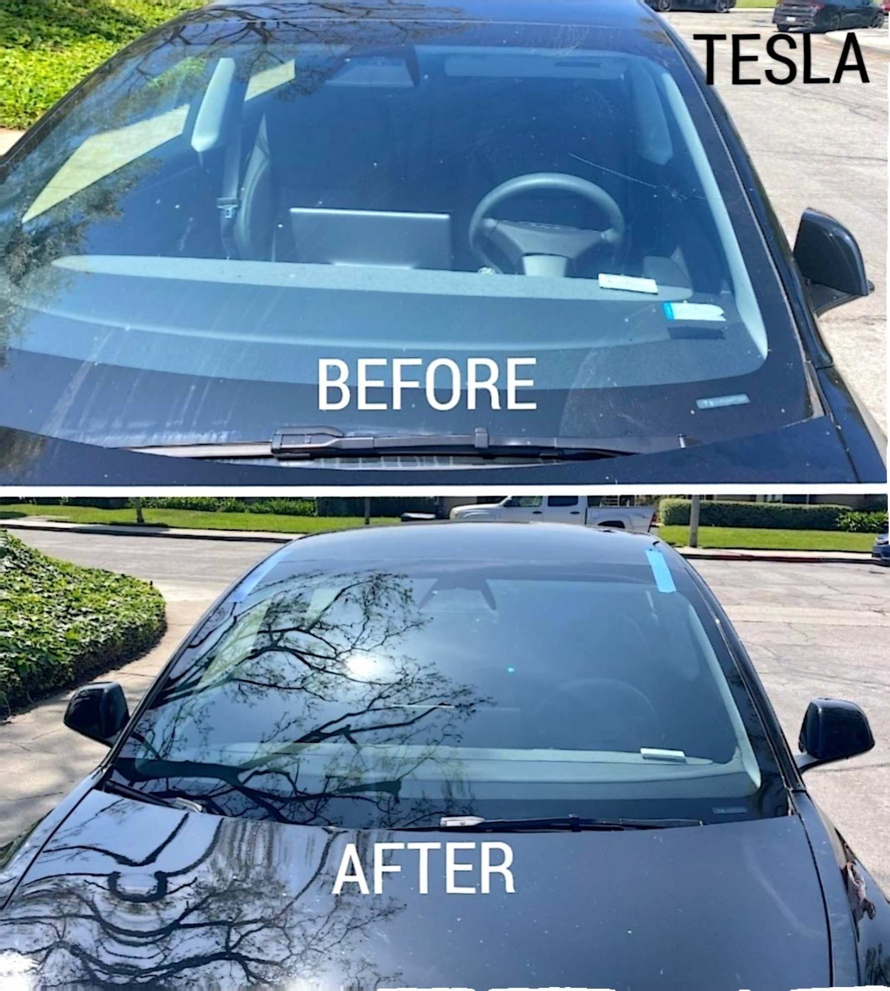 Split-screen view of a Tesla windshield before and after the application of window tint, reducing visible interior glare.