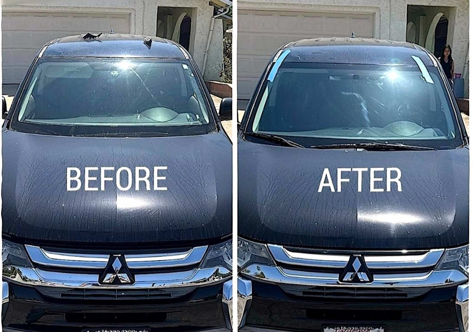 Before and after photos of a dark-colored Mitsubishi windshield, showing the replacement of a cracked glass panel.