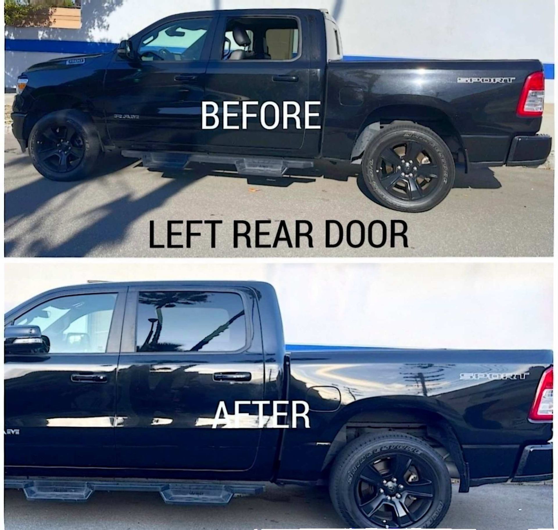 A before-and-after photo comparison of a black pickup truck showing the repair of a dented left rear door.