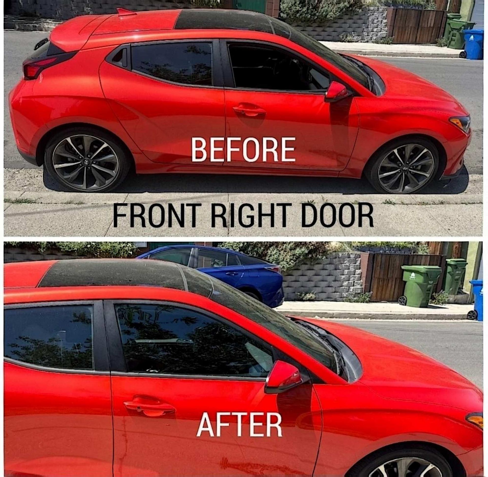 Split view of a red car showing the front right door before and after a repair, parked on a residential street.