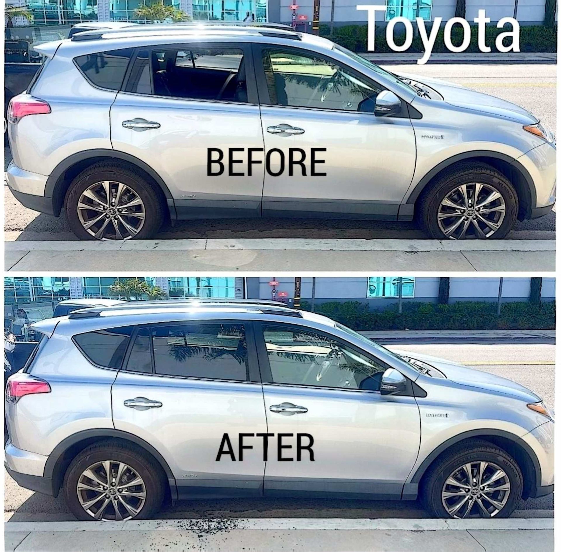 Before and after comparison of a silver Toyota RAV4 with its windows tinted.