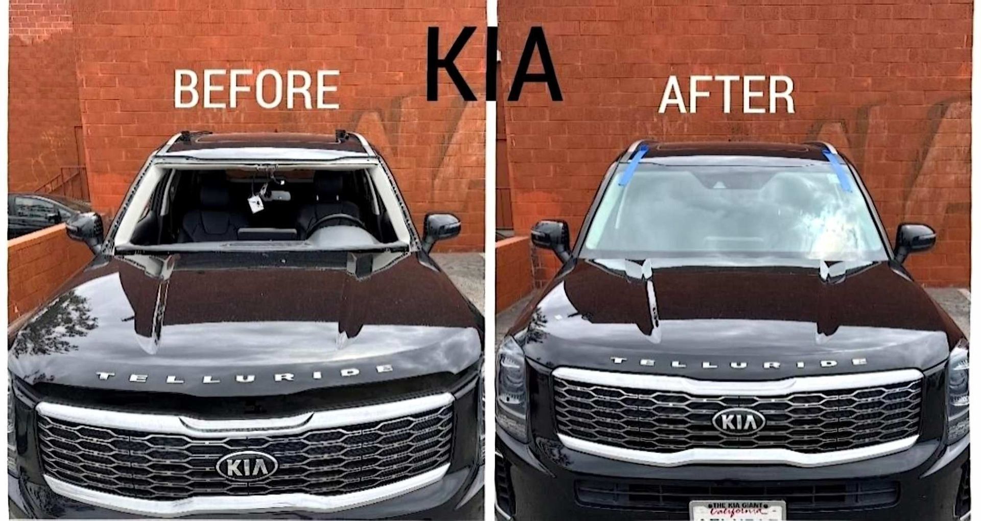A before-and-after comparison of a black Kia Telluride, showing the repair of a damaged windshield.