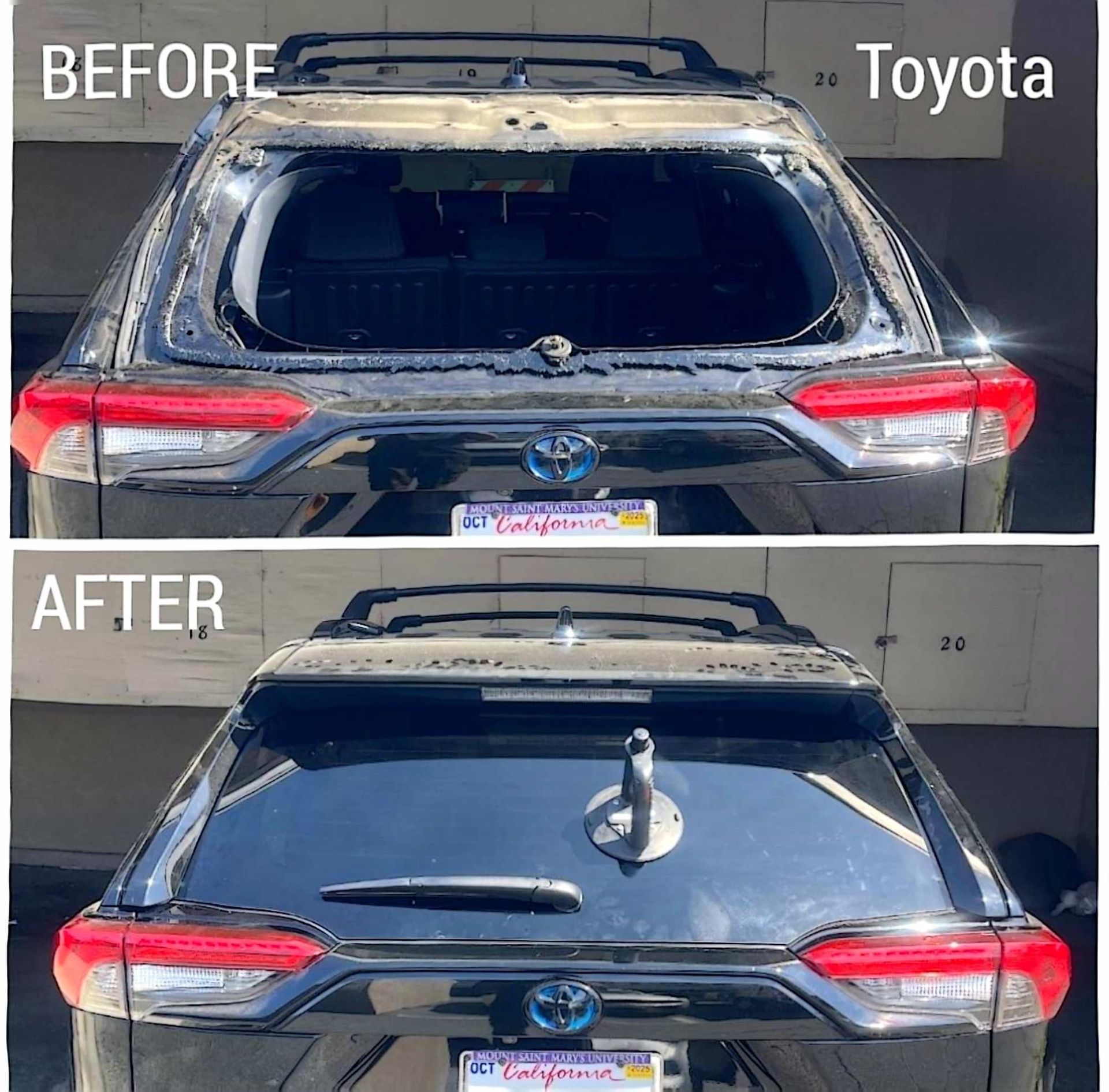 Before and after comparison of a Toyota SUV showing the replacement of a shattered rear windshield.